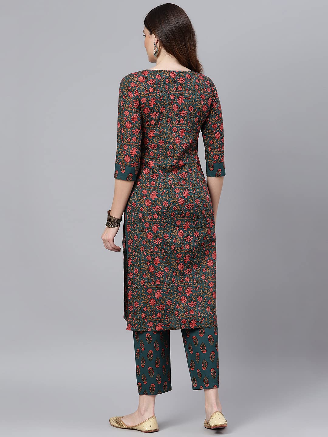 Idalia Dark Sea Green And Crimson Floral Printed Straight Cotton Kurta Set For Women