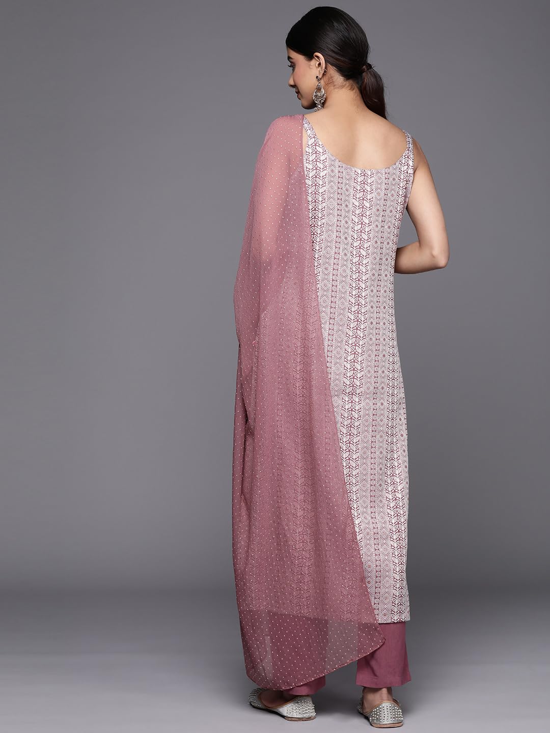Varanga Women Mauve Embroidered Kurta Paired With Solid Tonal Bottom And Chiffon Dotted Dupatta