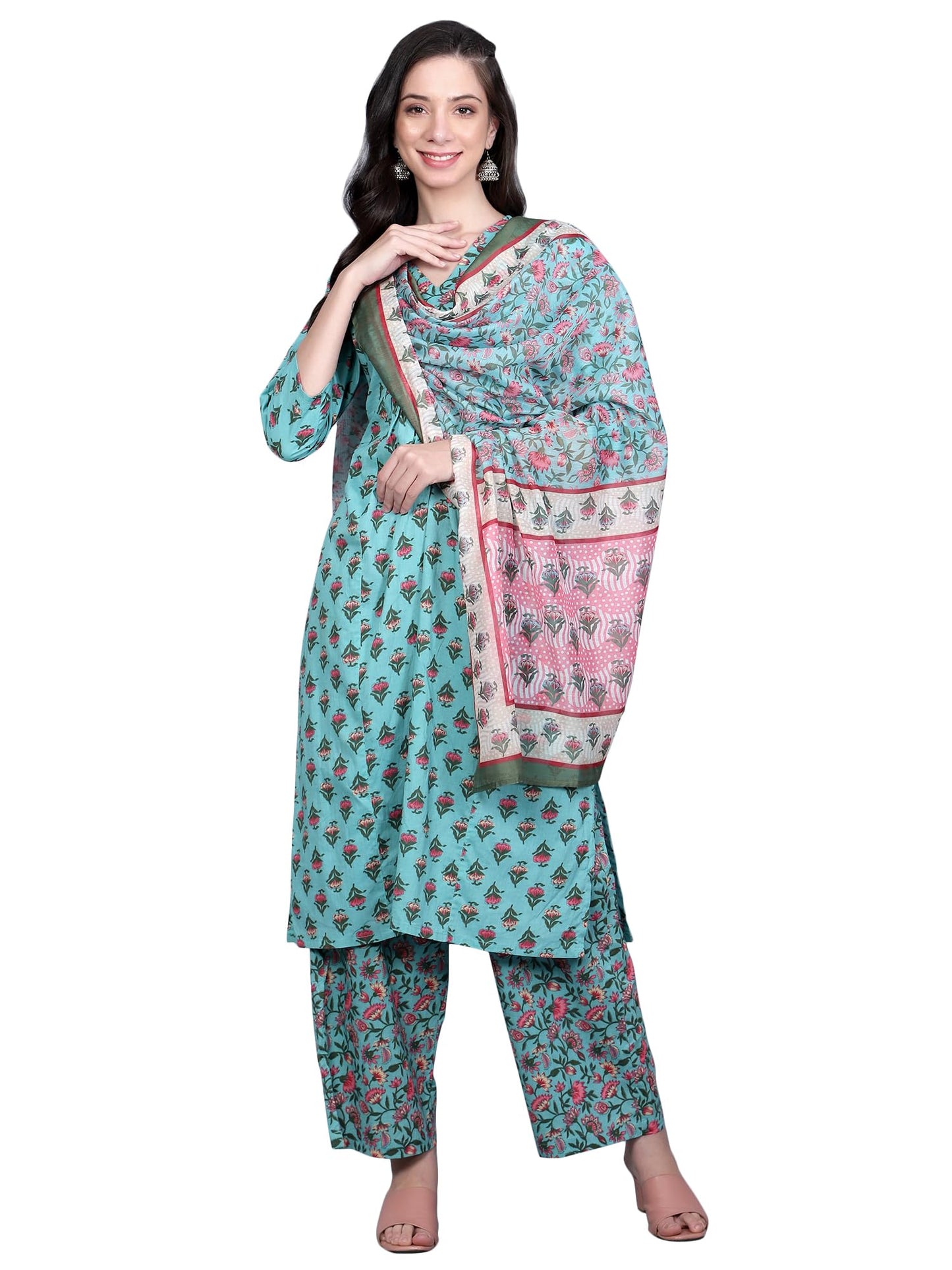idaLia Teal Blue Printed Kurta Set with Dupatta
