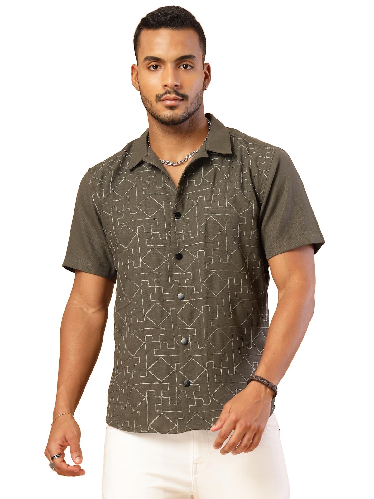 Rigo Linen Embroidery Regular Fit Shirt for Mens | Half Sleeve Shirt for Men | Summer Shirts for Men Army Green