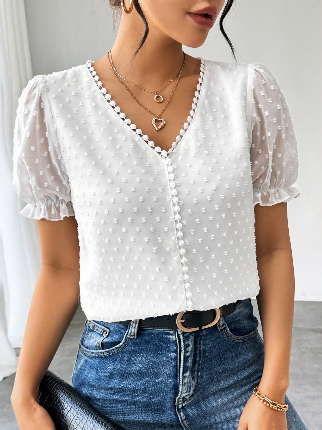 Shasmi Womens White Elegant French Textured Fabric Solid Black Color Lace Panel V-Neck Jacquard Blouse,Short Puff Sleeve Tops S