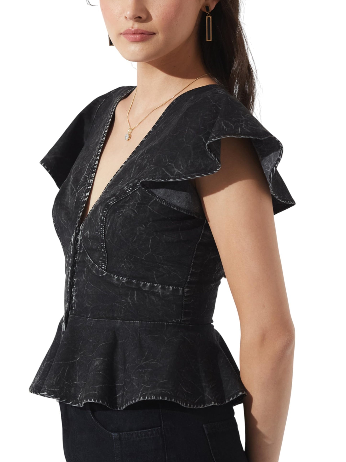 Miss Chase Womens Denim V-Neck Flutter Sleeve Peplum Top (MCSS25DEN03-50-62-06, Black, XL)