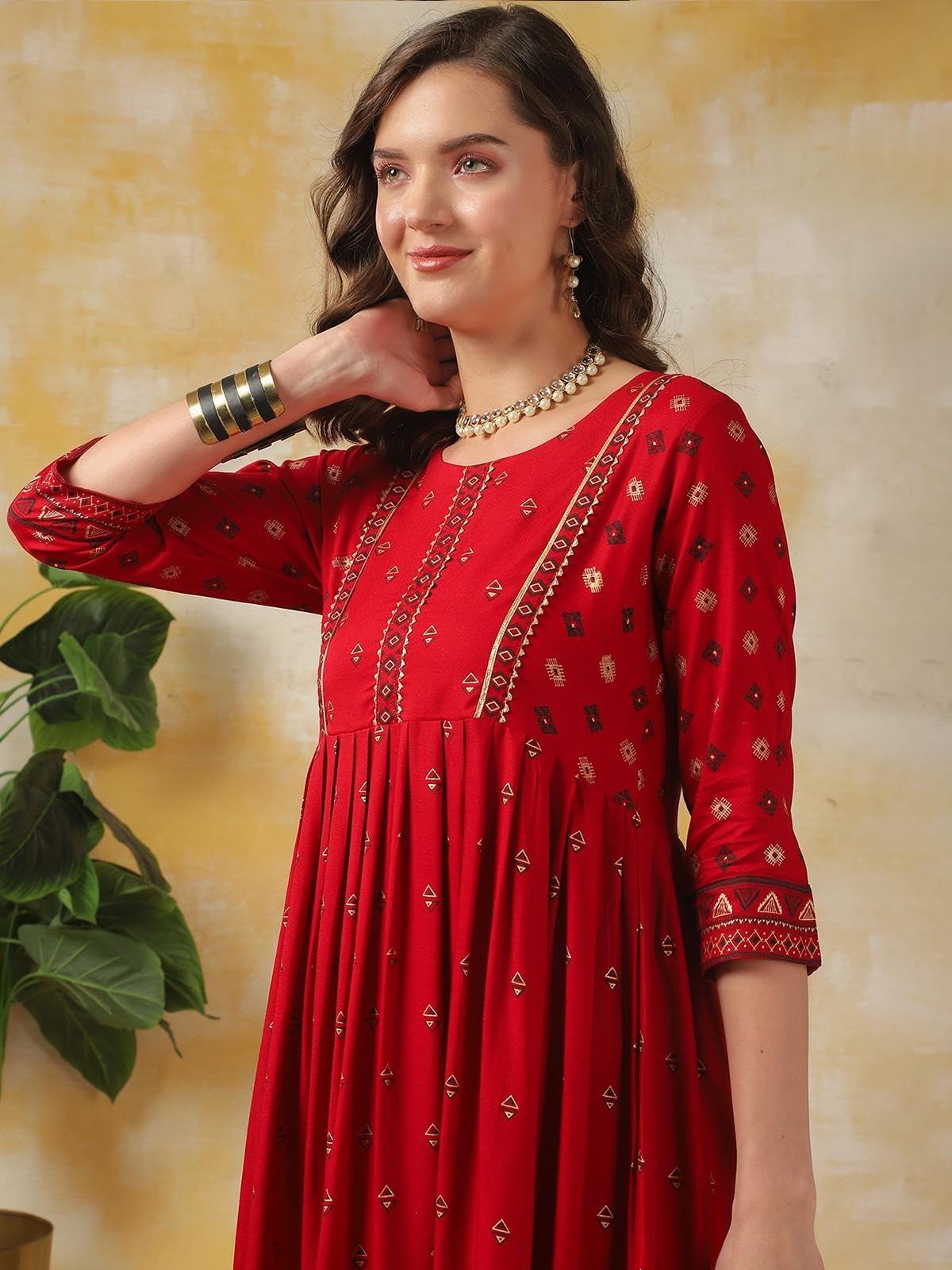 rangita Red Rayon Calf Length Printed Anarkali Kurti for Women | Kurta for Women