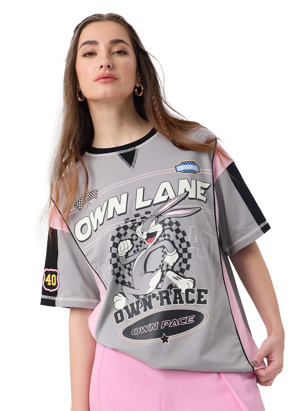 The Souled Store Bugs Bunny: Own Lane Women and Girls Short Sleeves Round Neck Grey Graphic Printed Cotton Oversized T-Shirts