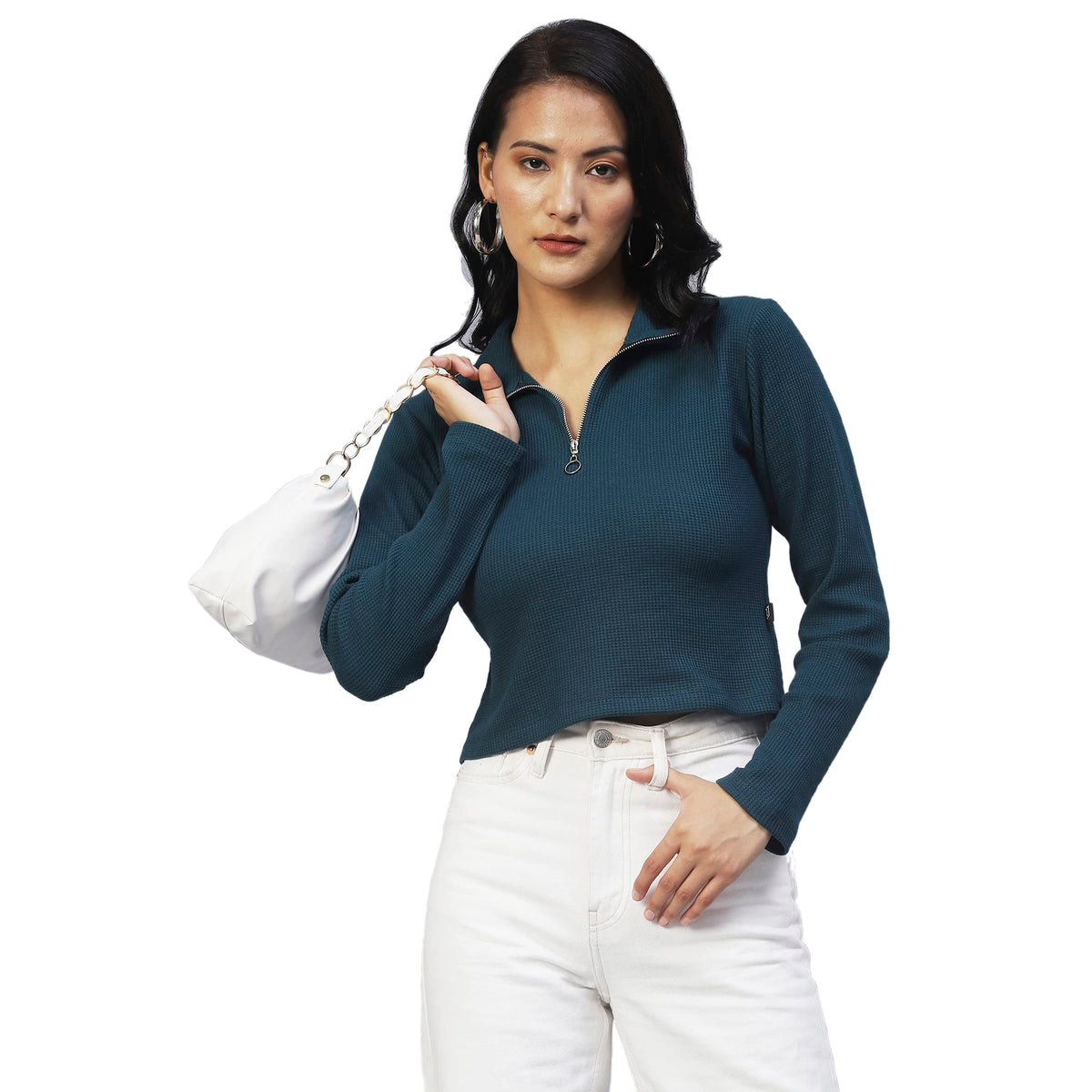 Rigo Women Teal High Collar Half ZipperTop
