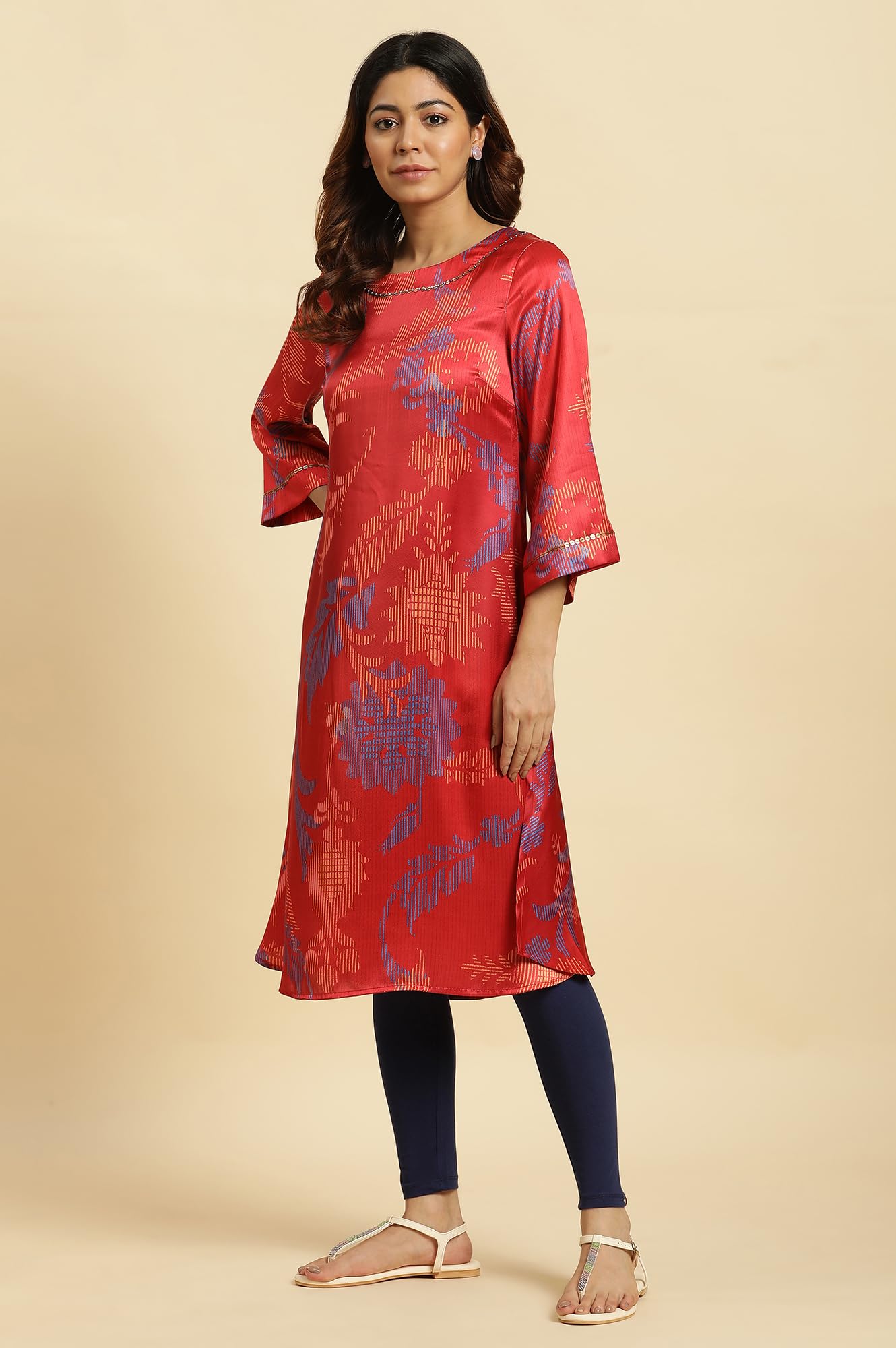 W for Woman Women's Satin Regular Fit Bold Floral Printed A-Line Kurta