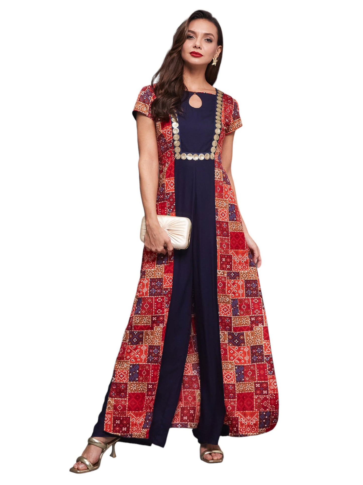 Miss Chase WomenS Keyhole Neck Regular Sleeve Bohemian Paneled Regular Length Jumpsuit With Pockets (Mcss23D15-66-224-06, Multi