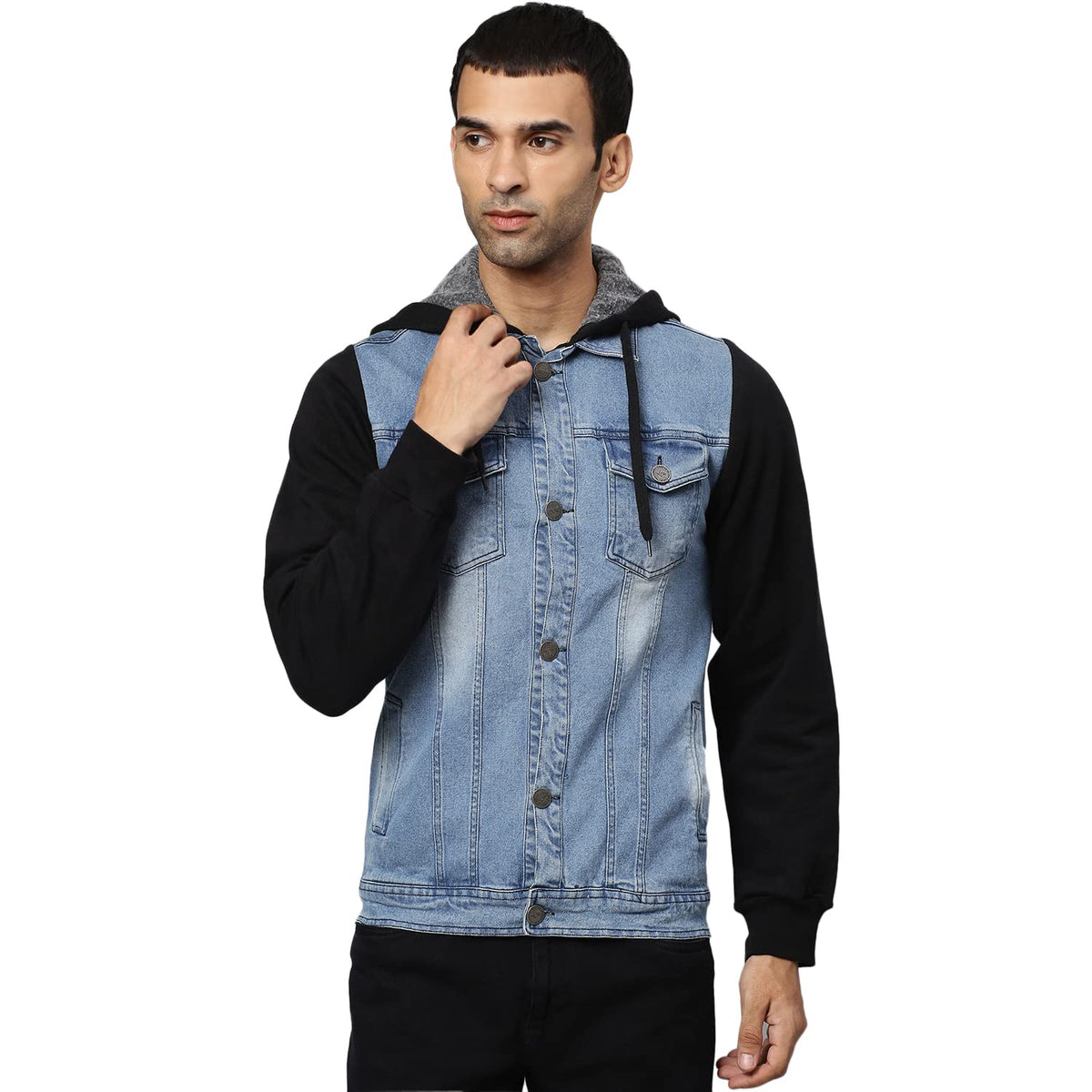 Campus Sutra Mens Medium-Washed Denim Classic Collar Single Breasted with Sweatshirt Sleeves and Hoodie Lined Distressed Denim