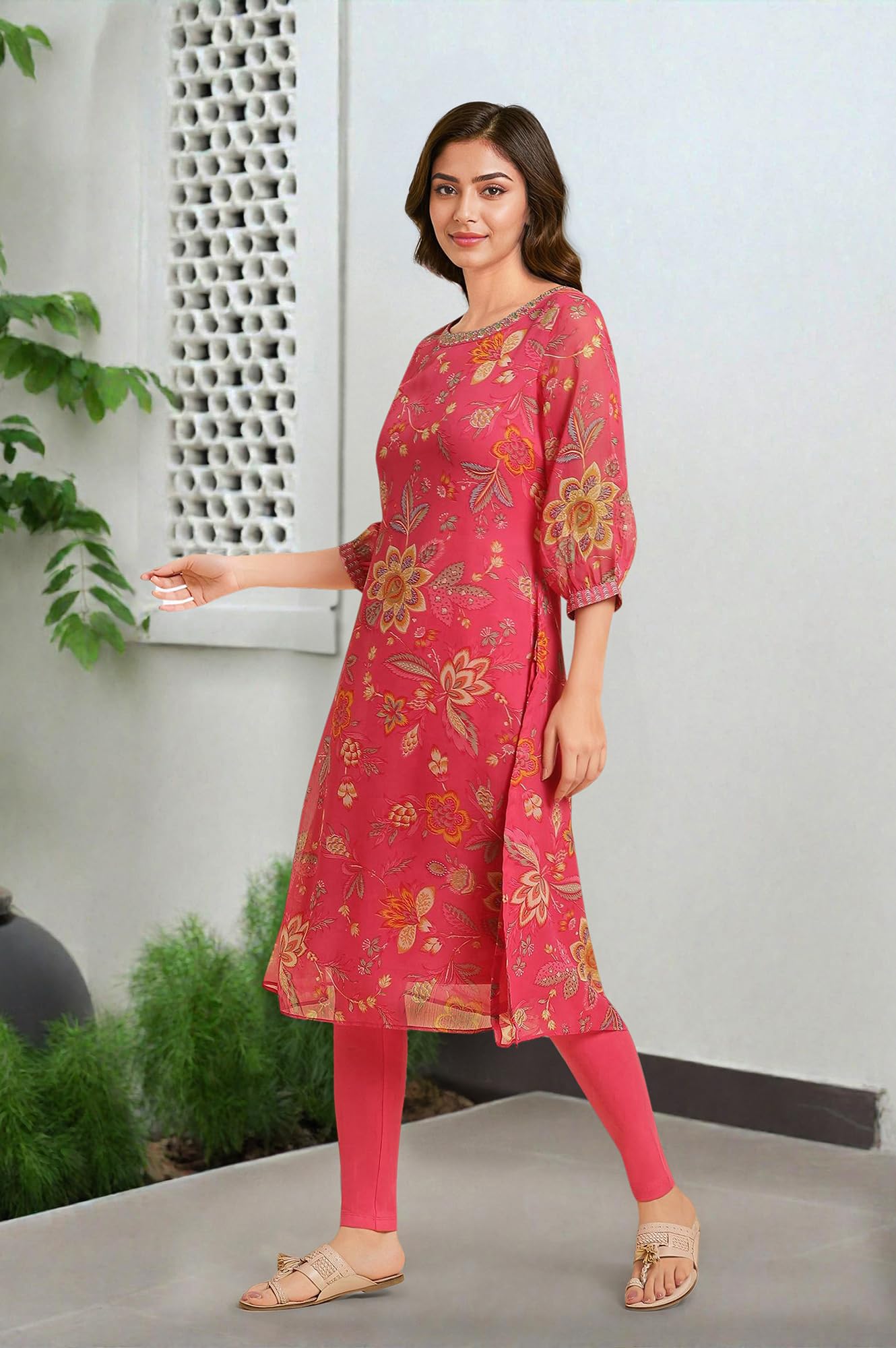 W For Woman Chiffon Printed Kurta With Multi-Coloured Floral Embroidery
