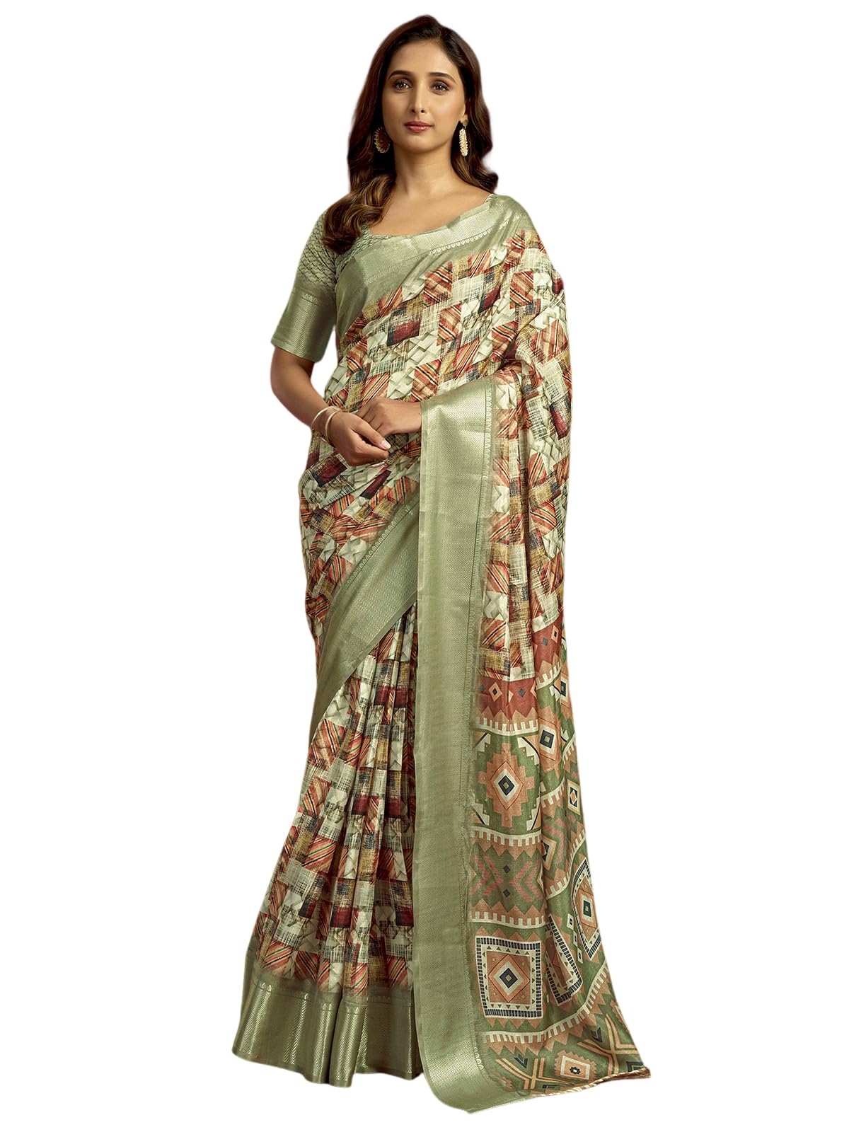 Satrani WomenS Dola Silk Weaving Border Printed Ready To Wear One Minute Pre Stitched Saree With Unstitched Blouse Piece (64Rs1
