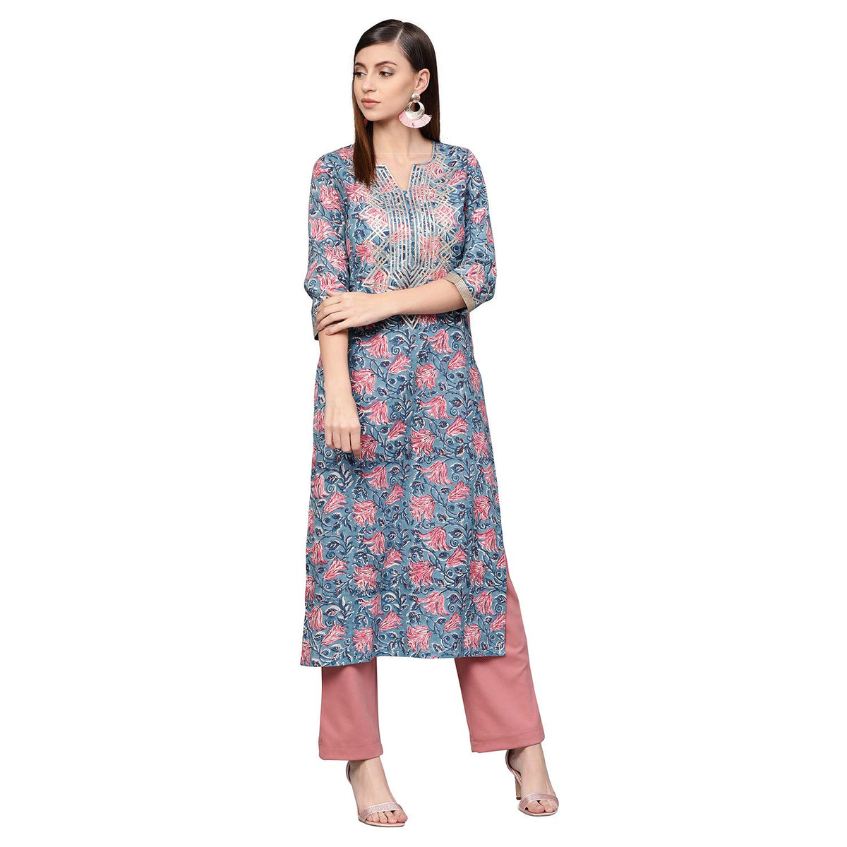 idaLia Womens Blue Jaal Print Cotton Kurta