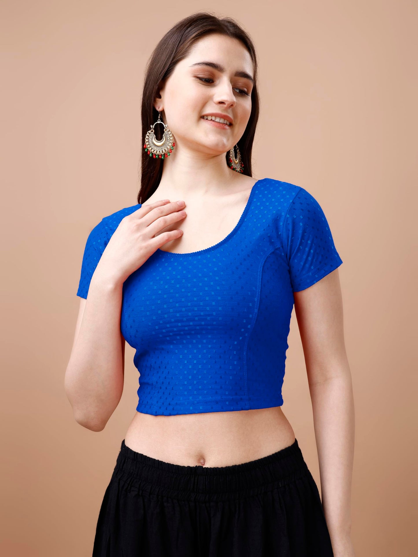 Pujia Mills Womens Readymade Dobby Cotton Lycra Stretchable Round Neck Short Sleeve Blouse Fancy Royal Blue Color Lycra Stretch