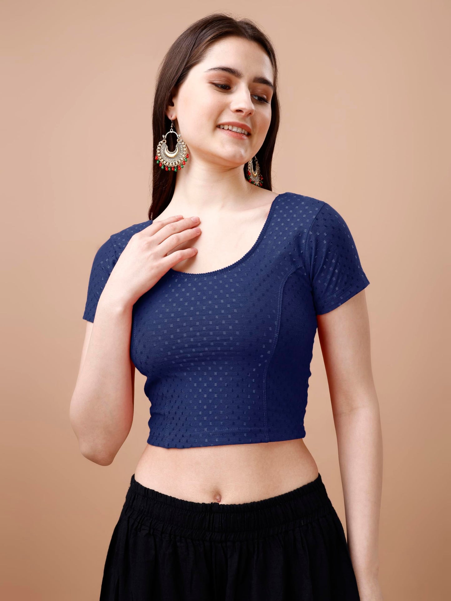 Pujia Mills Womens Readymade Dobby Cotton Lycra Stretchable Round Neck Short Sleeve Blouse Fancy Navy Blue Color Lycra Stretcha