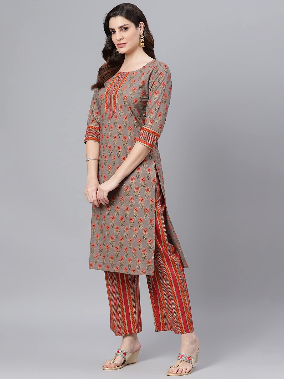 idaLia Women's Boota Printed Cotton Kurta Set with Stripes Palazzo Pant and Dupatta for Women