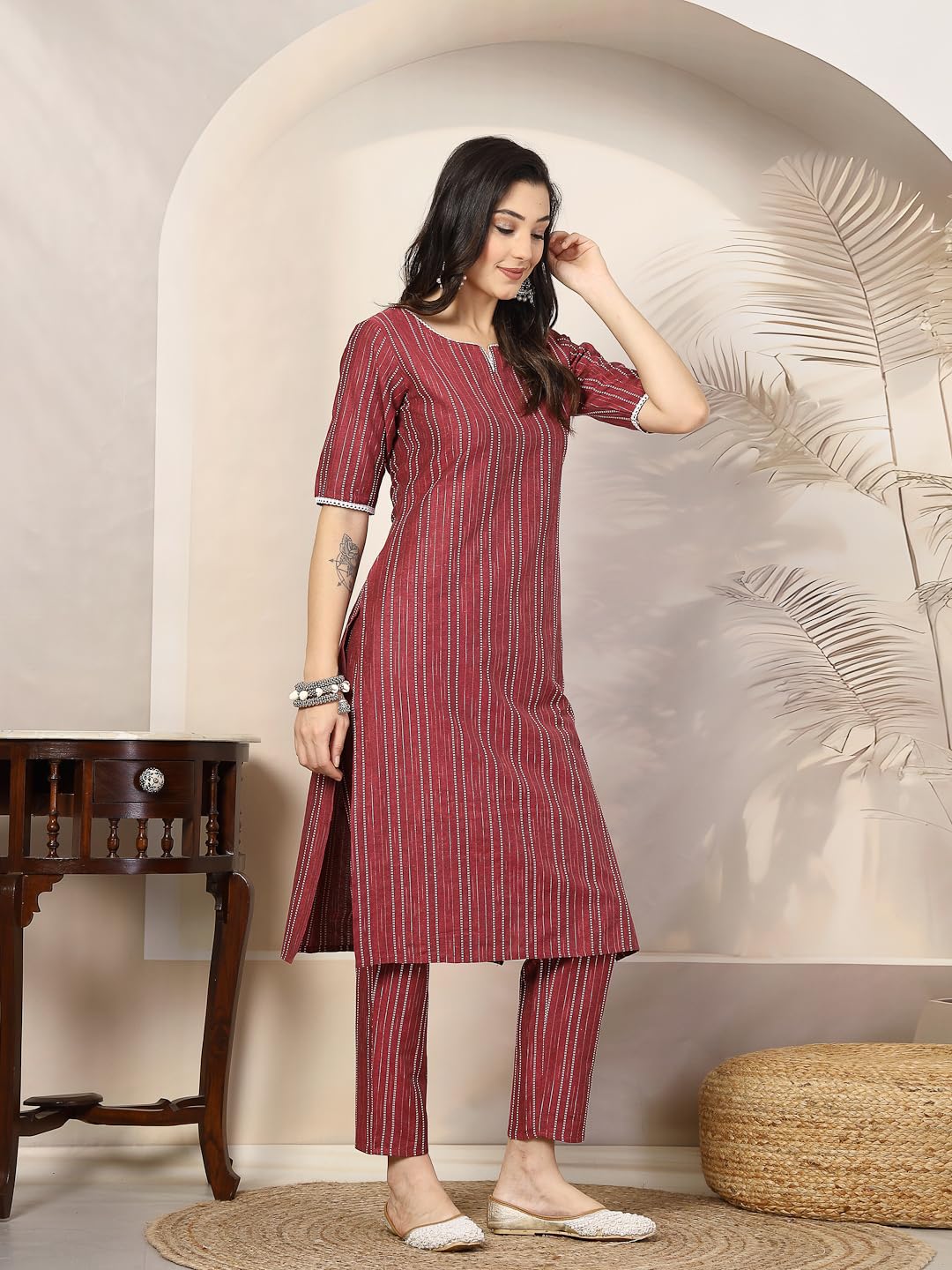 Stylum Womens Self Woven Striped Cotton Blend Straight Kurta Pant Set
