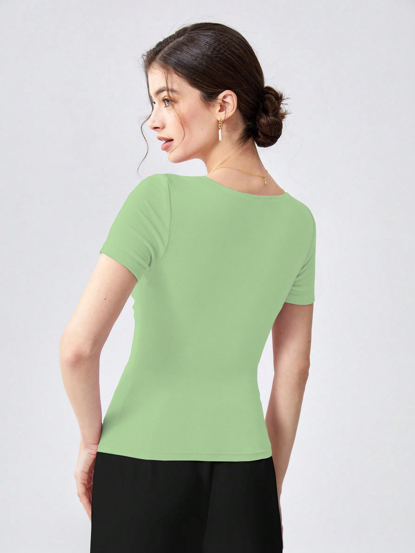 Shasmi Womens & Girls Light Green Womens Summer Square Neck Solid Color Ruched Tee Workwear Pleated Casual t-Shirt for Women
