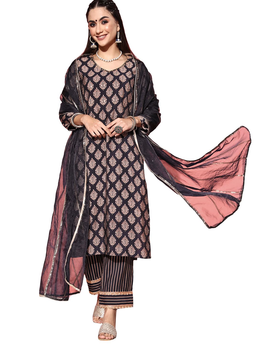 Libas WomenS Silk Blend Kurta Set (34027O_Navy Blue