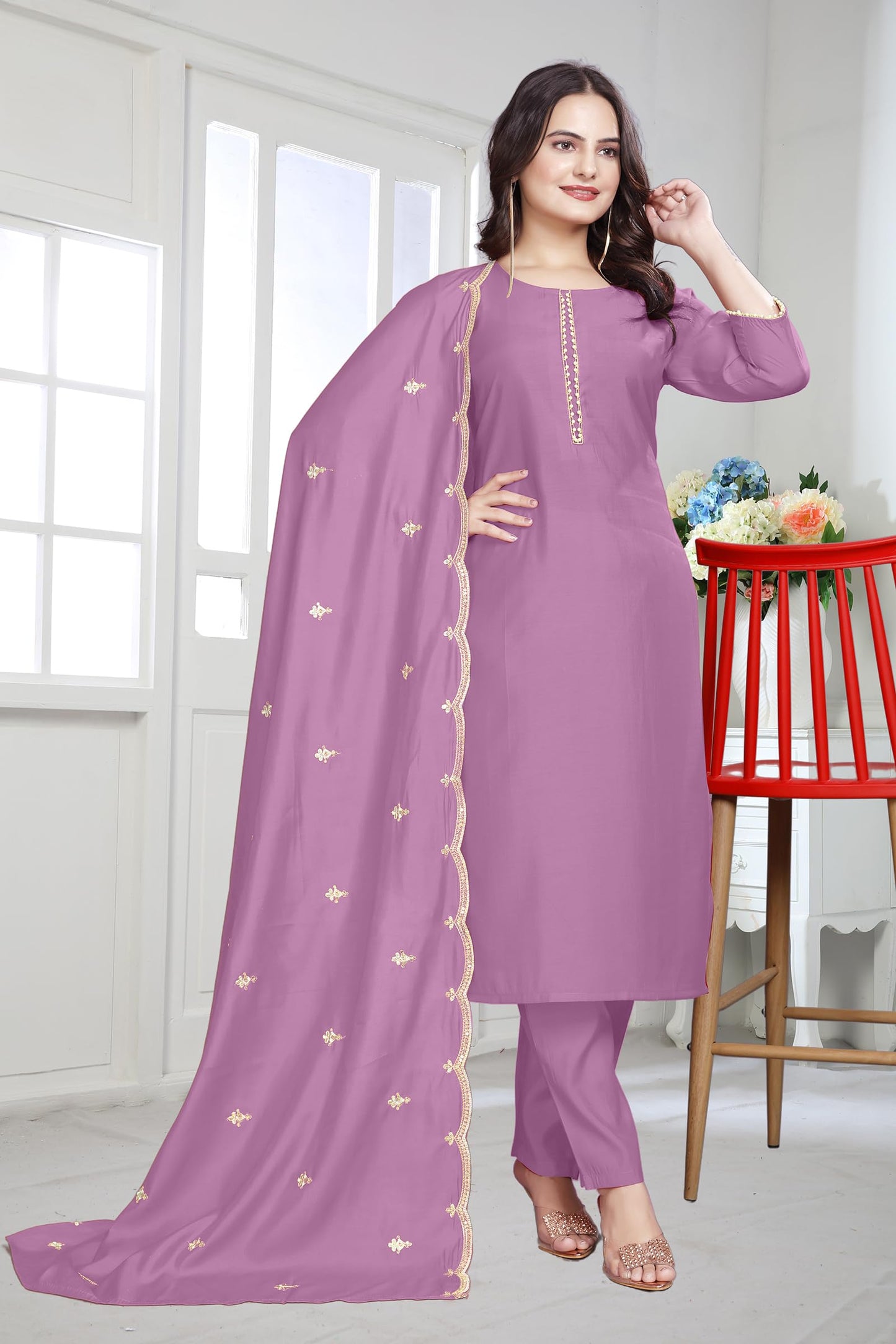 Satpurush WomenS Lavender Cotton Silk Round Neck 3/4Th Sleeve Floral Embroidery Straight Kurta Salwar Suit Set With Pant(Bvm-15