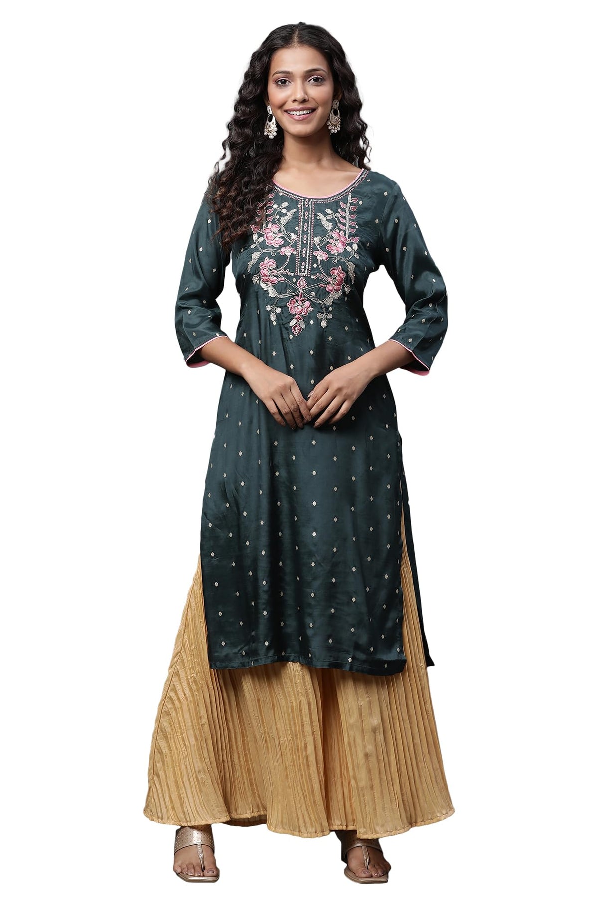 Aurelia Green Embroidered Dori Zari Sequin Straight Long Kurta