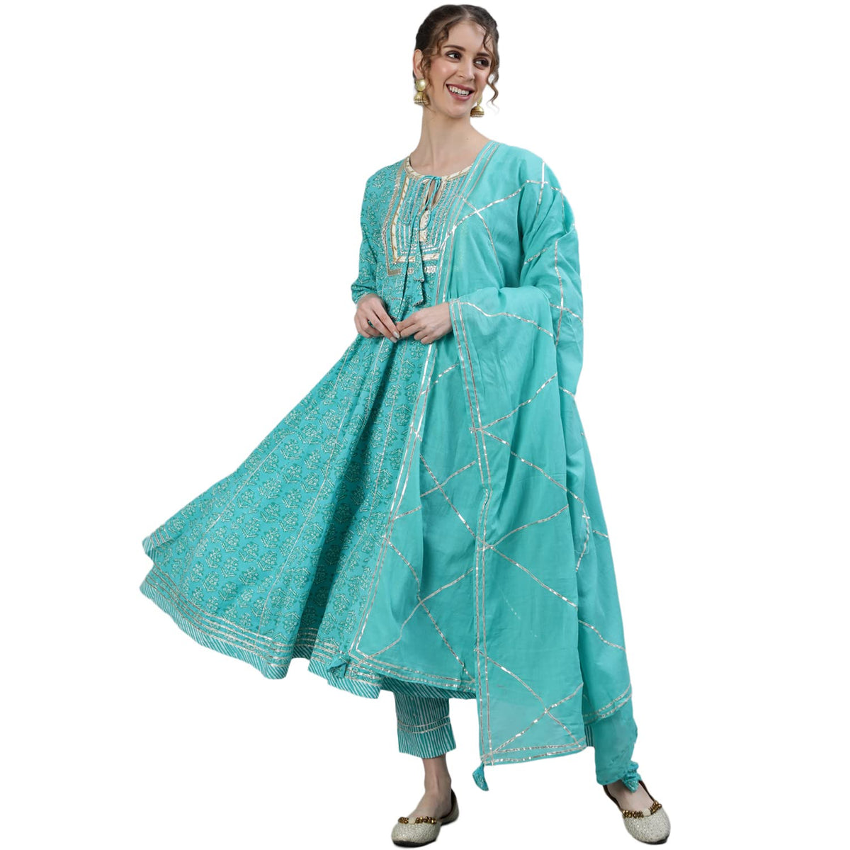 ishin Womens Sea Green Gota Patti Anarkali Kurta Set with Trouser and Dupatta