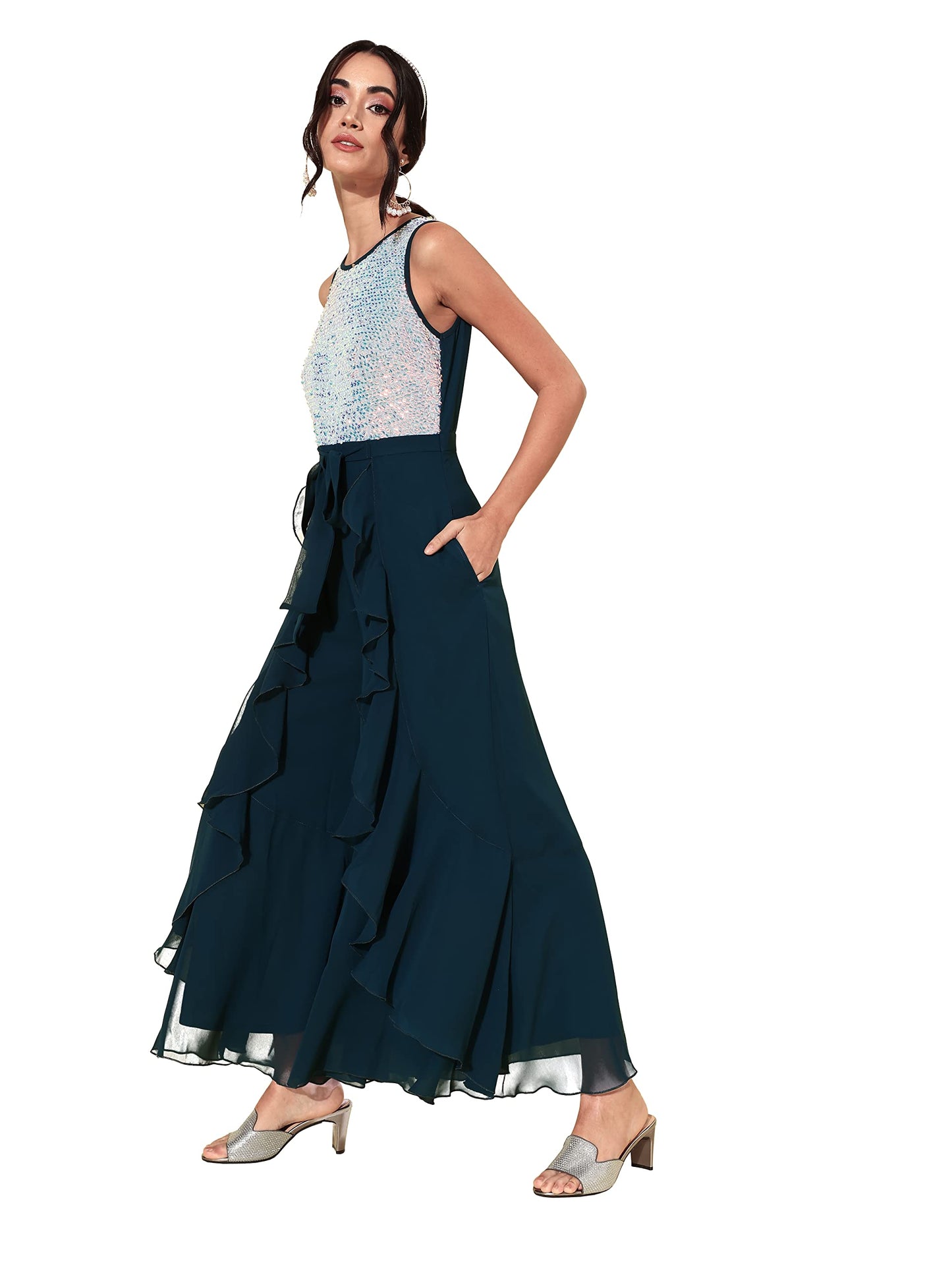 Miss Chase Womens Teal & Silver Round Neck Sleeveless Embellished Regular Jumpsuit (MCSS22D15-34-266-05, Teal & Silver, L)