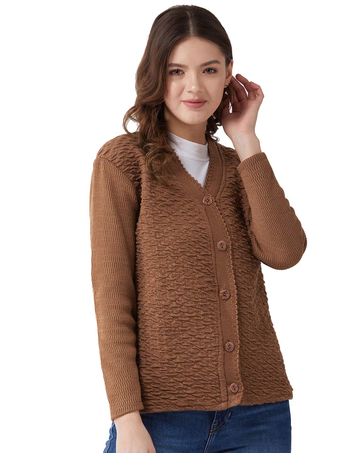 Pivl Womens Blended V-Neck Cardigan Sweater (PV502_Coffee