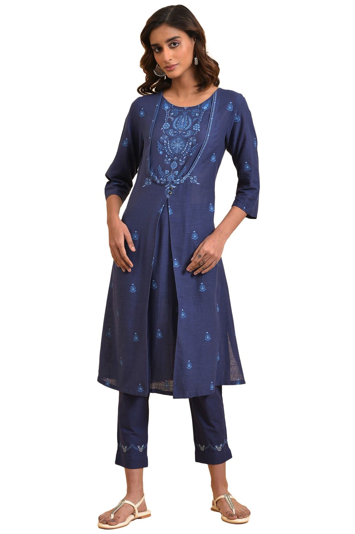 W Dark Blue Floral Printed Cotton Straight Long Kurta For Women