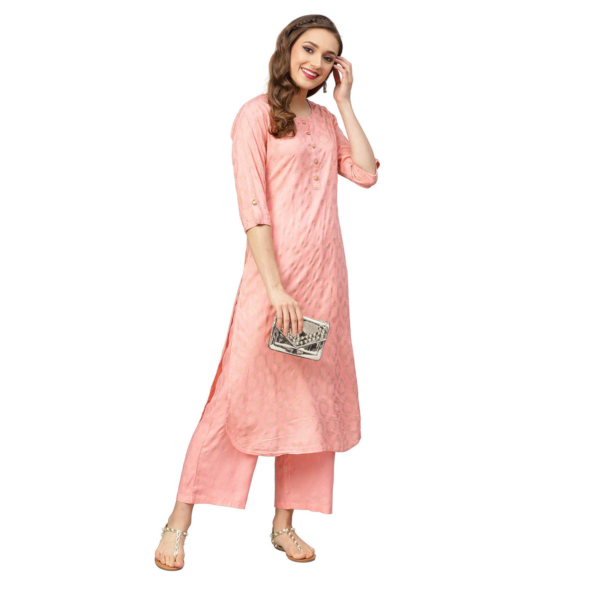 idaLia Womens Peach Printed Rayon Kurta with Pants