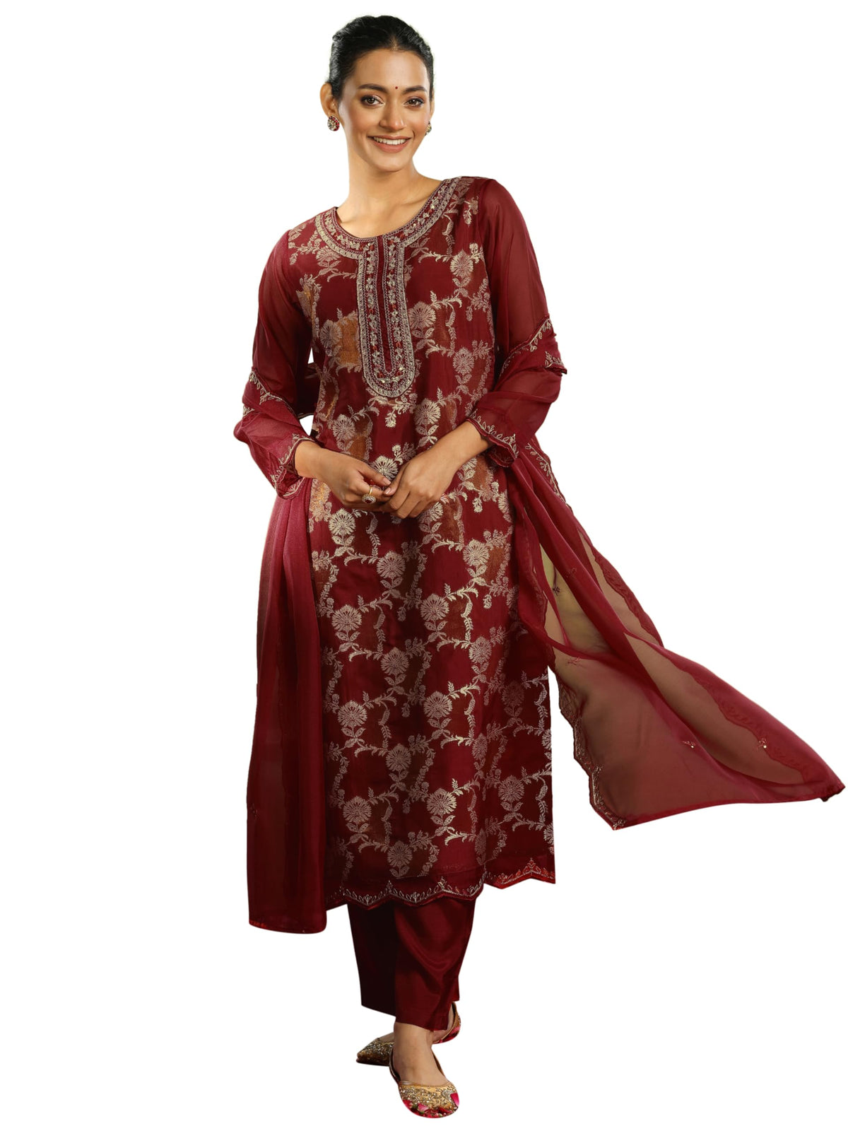 Libas WomenS Organza Woven Design Kurta Set (49318 Maroon