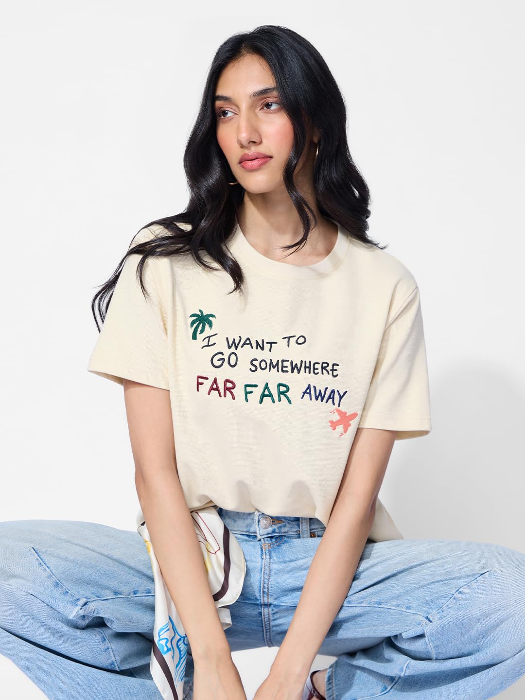 The Souled Store Textured T-Shirt: Far Away Women and Girls Short Sleeves Round Neck Off White Embroidered Cotton Blend Relaxed