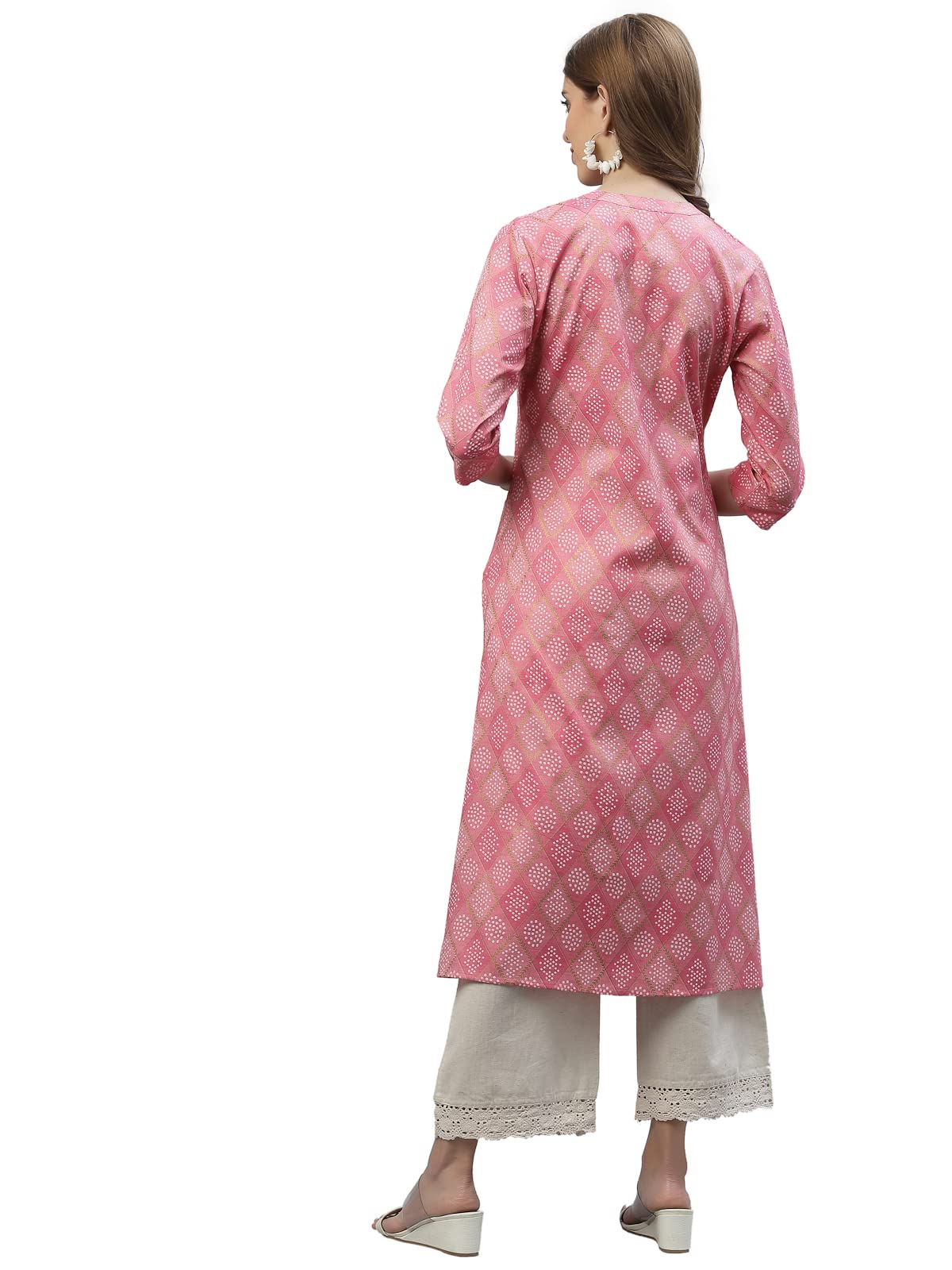 Stylum Women's Bandhani Printed Cotton Blend Straight Kurta (Pink)