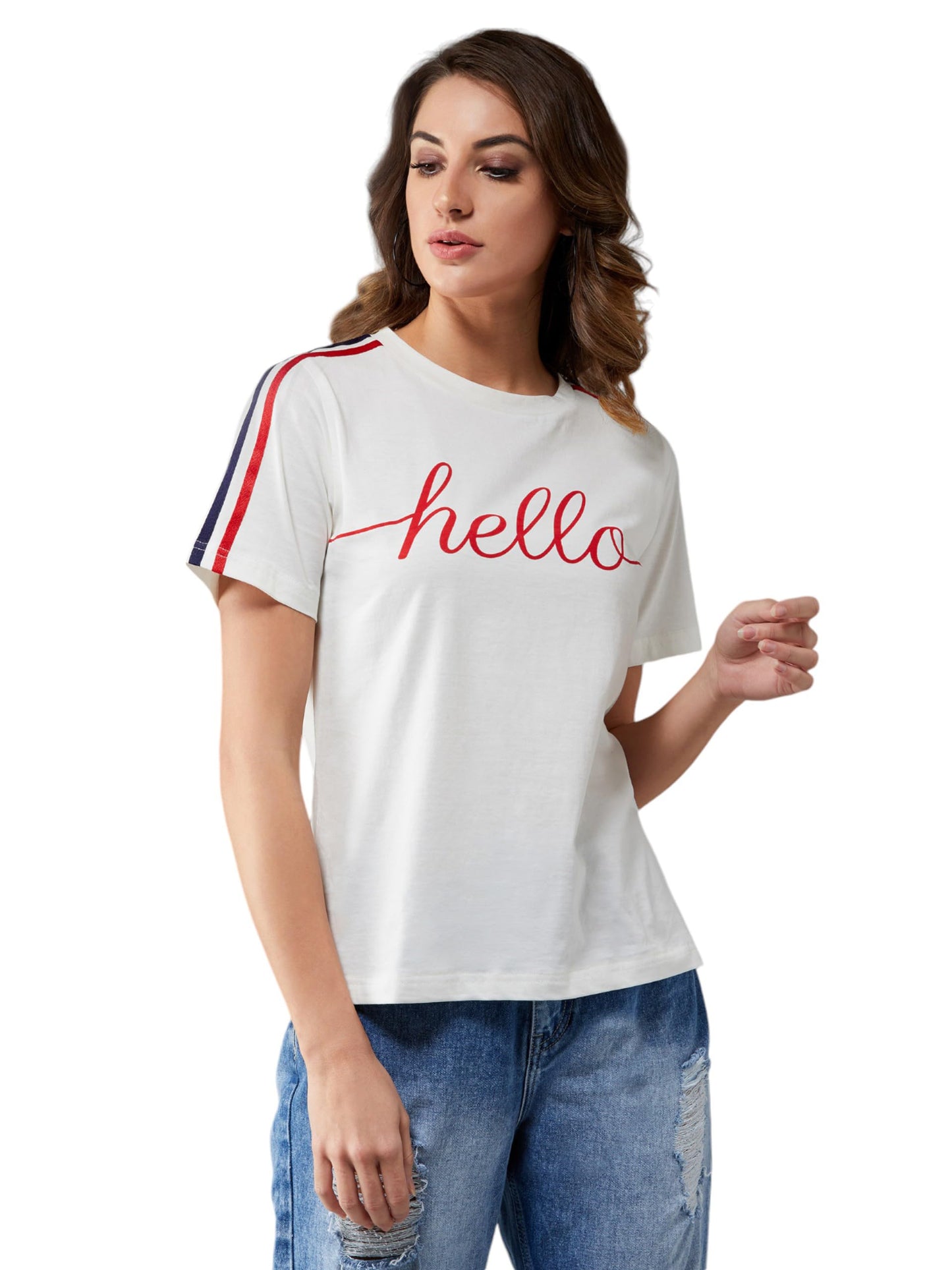 Dolce Crudo Womens Round Neck Half Sleeve Printed T-Shirt(DOAW24TS99-02-82-02, White, XS)