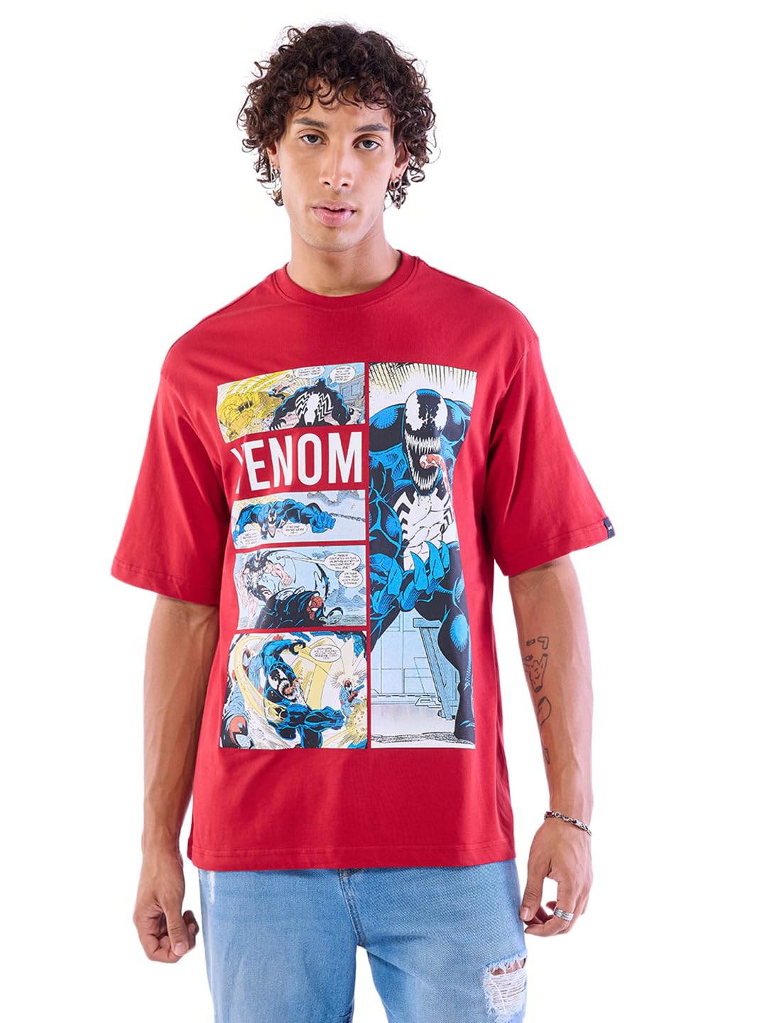 Bewakoof Official Marvel Merchandise Venom MenS Graphic Print Oversized Fit Half Sleeve Round Neck Cotton Jersey T-Shirt_646253_
