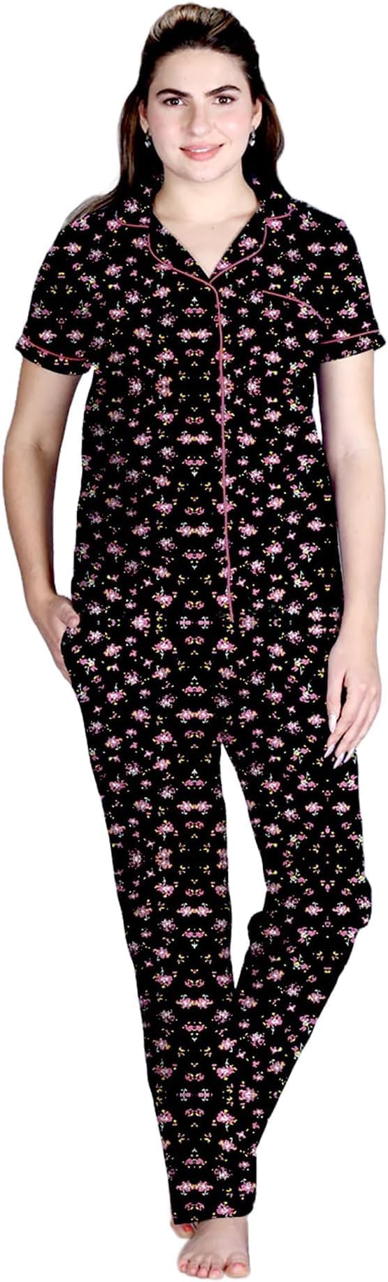 Lyra WomenS Cotton Shirt And Pyjama Printed Night Suit Black