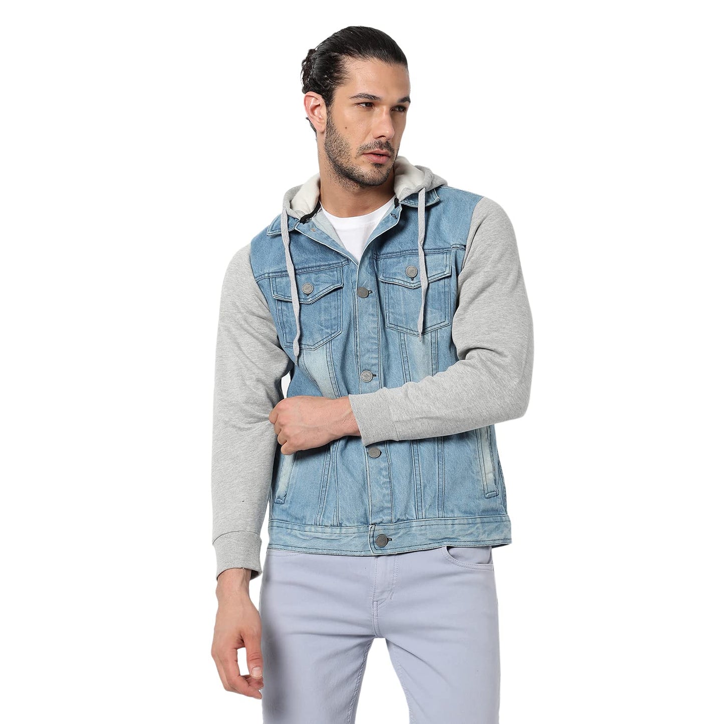 Campus Sutra Mens Cotton Colour-Blocked Denim Jacket with Hoodie | Structured Jacket with Comfort Fit, Regular Full Sleeves and