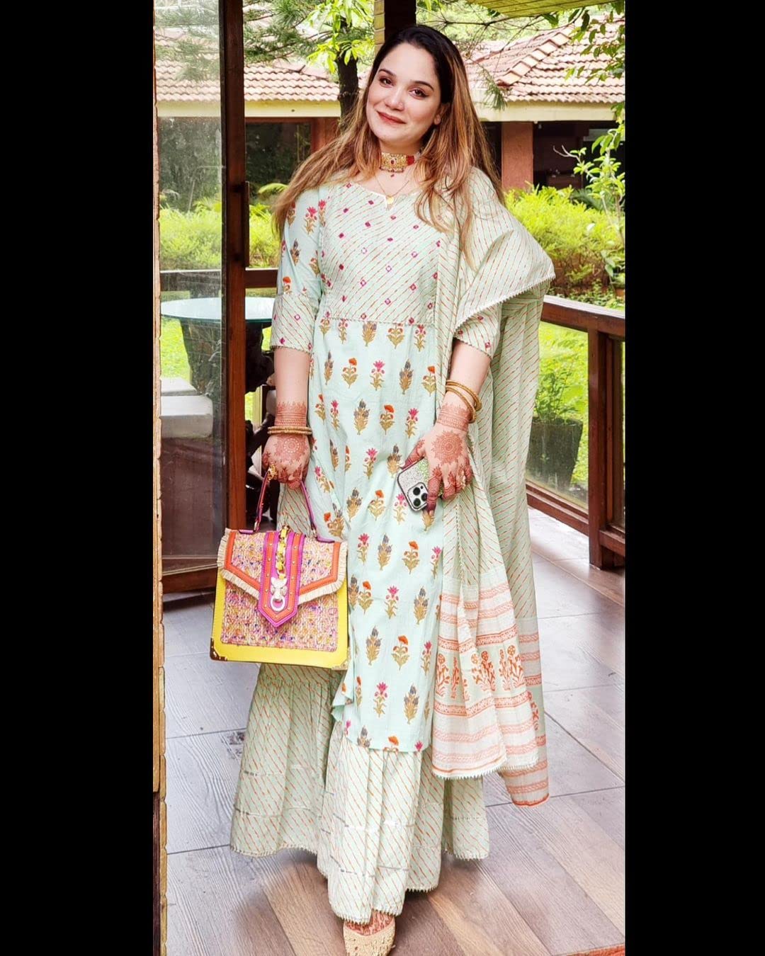 ANNI DESIGNER Women's Cotton Blend Straight Printed Kurta with Sharara & Dupatta