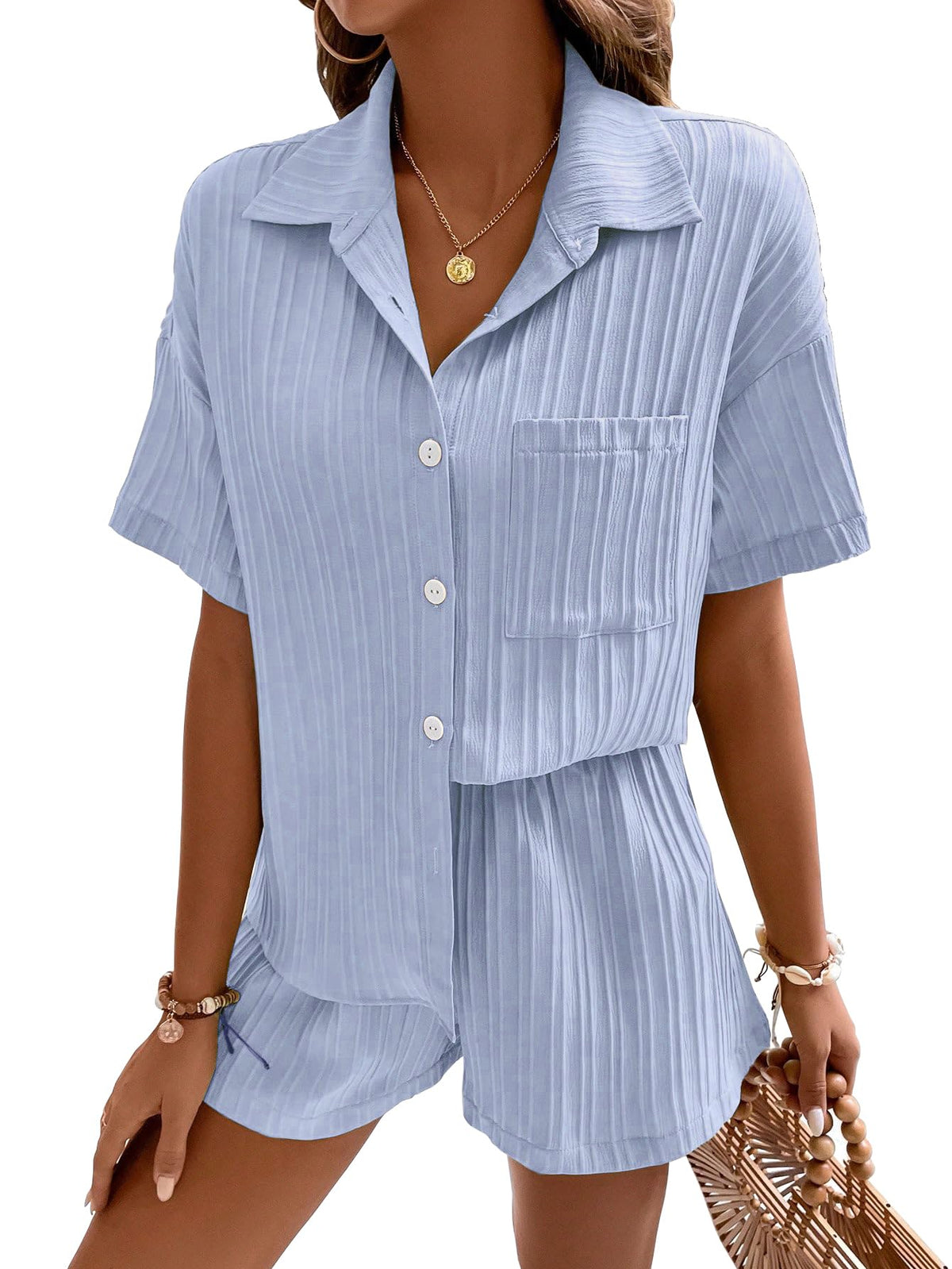 Shasmi Women & Girls Sky Blue Solid Color Button Front Vacation Solid Texture Short Sleeve Loose Fit Drop Shoulder Pocket Shirt