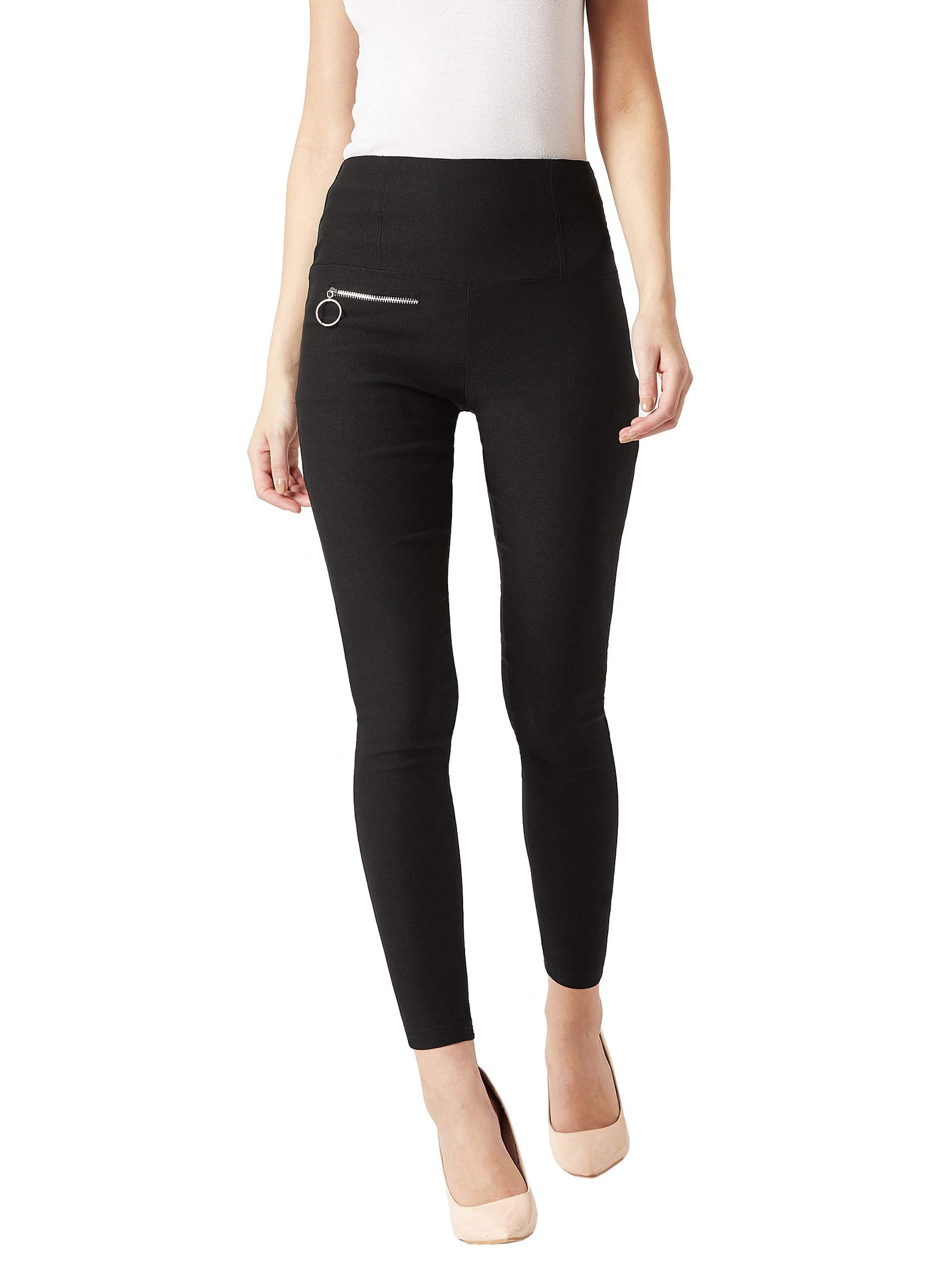 Miss Chase WomenS Black Skinny High Waist Regular Length Zippered Jeggings (Mcaw18Bt02-51-62-03, Black, Small)