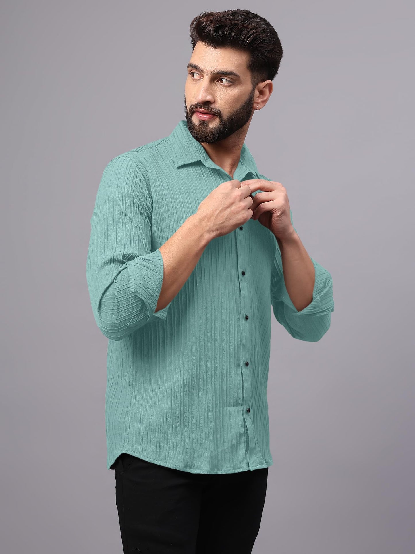 Finivo Fashion MenS Casual Button Down Shirts Long Sleeve Linen Shirt Fashion Textured Beach Summer Shirts Turquoise