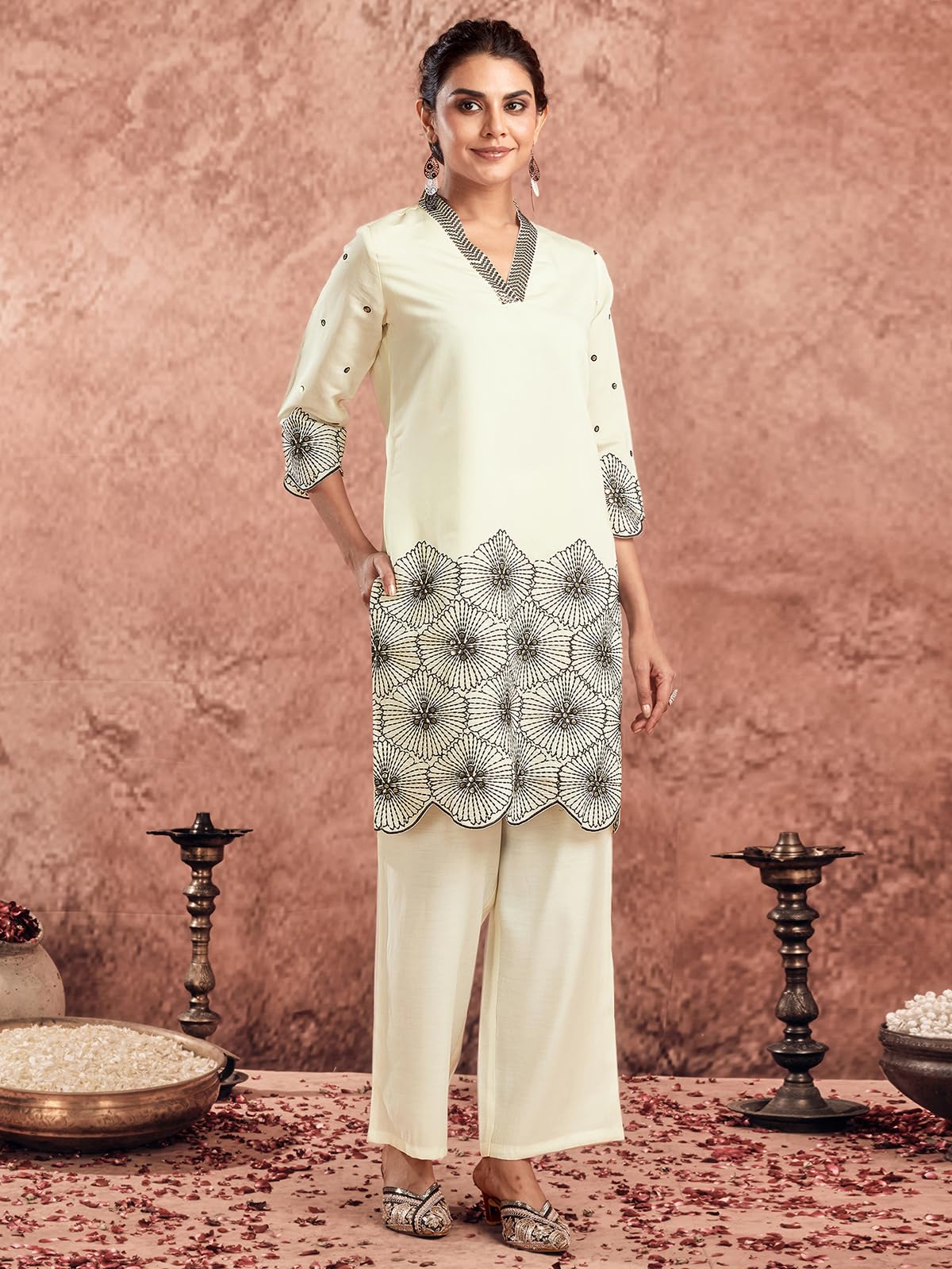Selvia Co-Ords Set For Women|Silk Blend Kurti And Trouser Set|Ethnic Co-Ords Set For Women|Embroidery Two Piece Co-Ord Set(743Ct