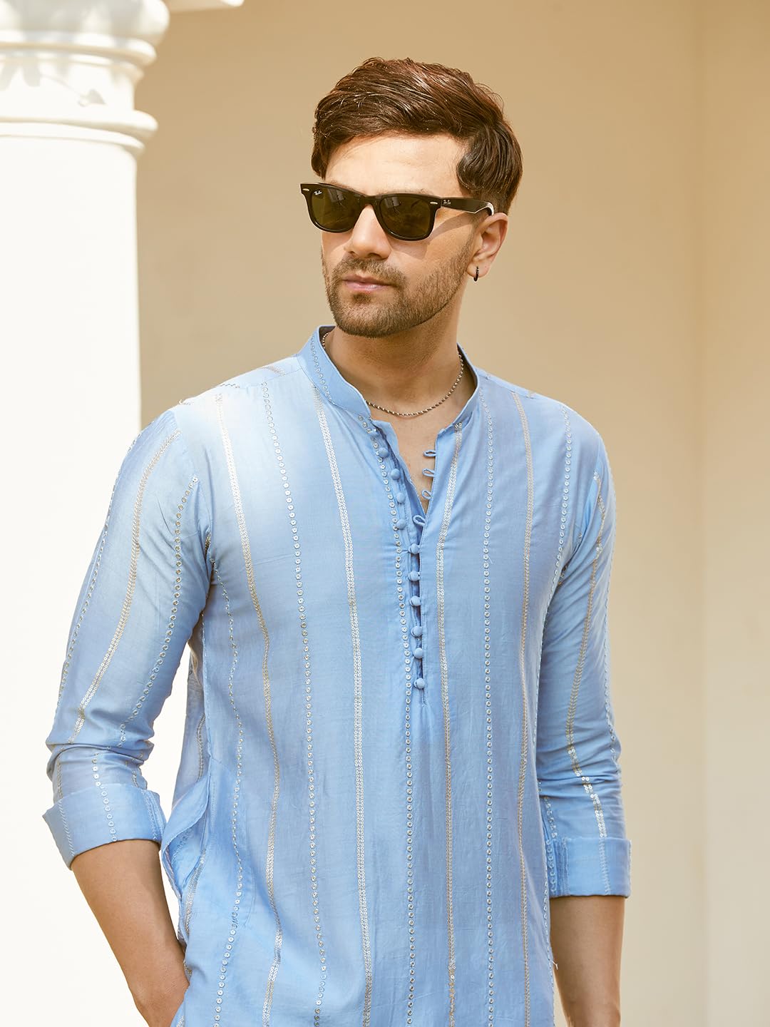 See Designs Men Full Sleeve Turquoise Blue Chanderi Silk Sequins Cotton Mandarin Collar Side Slit Kurta With Pyjama - Sd2Mkt_144