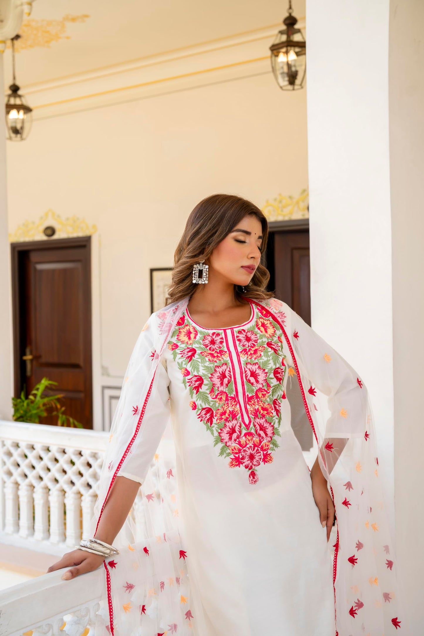 Yashika Women's Cotton Blend Embroidered Set: This Elegant Ensemble For Special & Casual Wear, Includes A Straight Kurta Pant With Dupatta Set