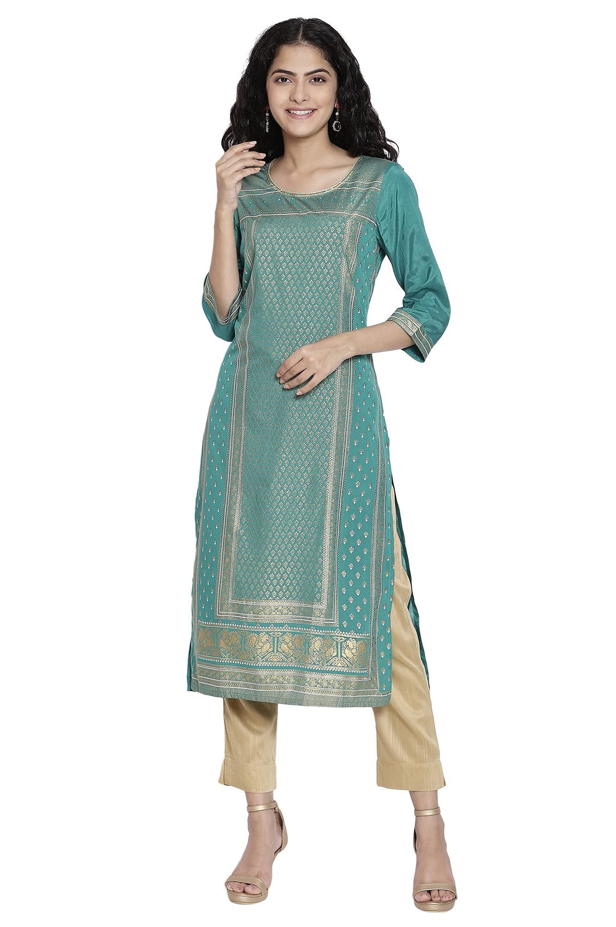 Aurelia WomenS Viscose Green Geometric Round Neck Straight Kurta_21Aua11331-502654_M