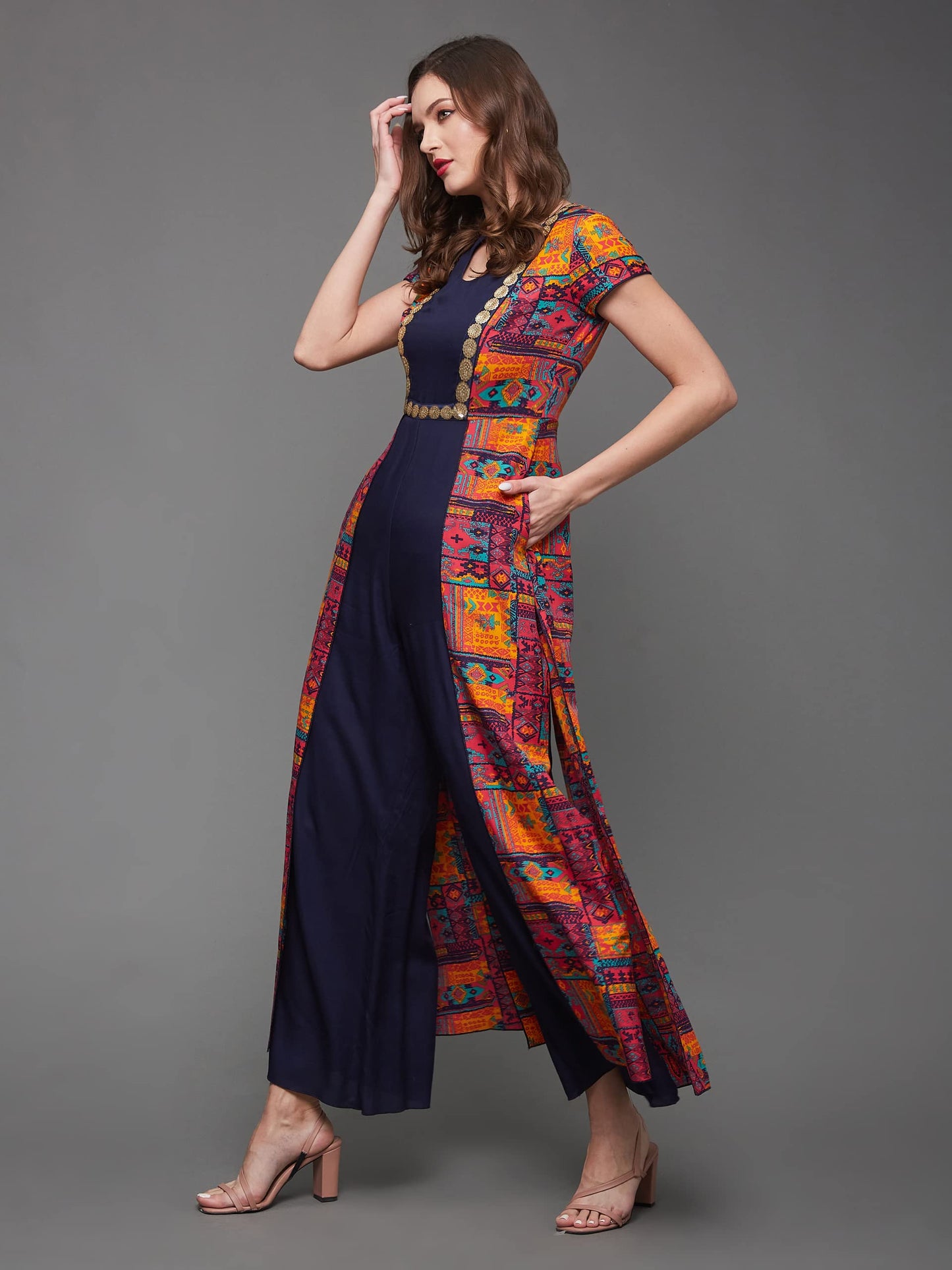 Miss Chase WomenS Keyhole Neck Regular Sleeve Bohemian Panelled Viscose Rayon Regular Length Jumpsuit With Pockets (Mcss24D59-0