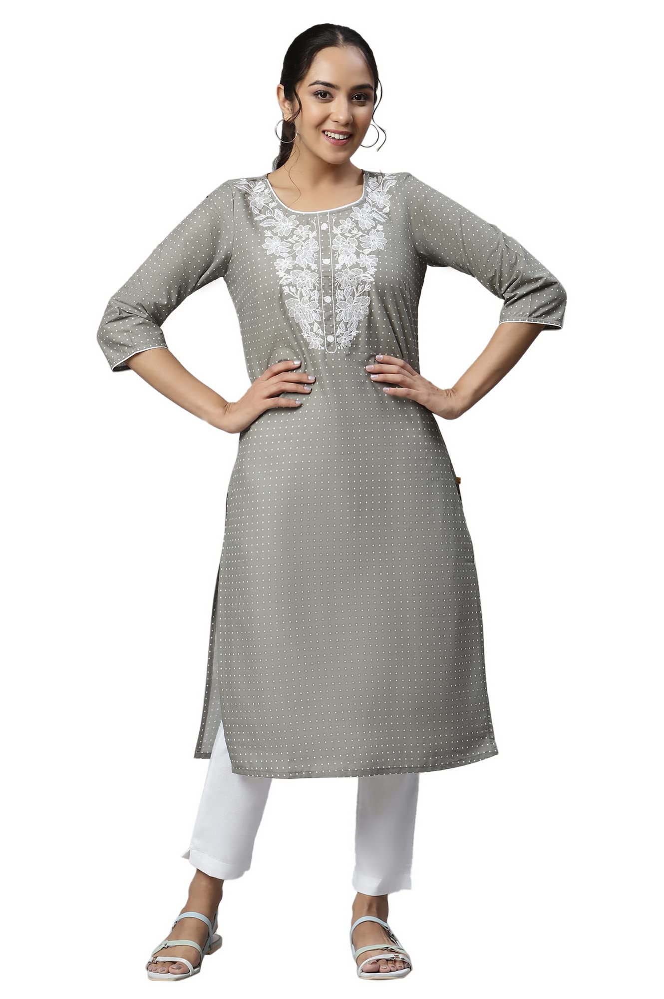 Aurelia Women Grey Cotton Geometric Printed Straight Kurta_22AUA13345-505794_S