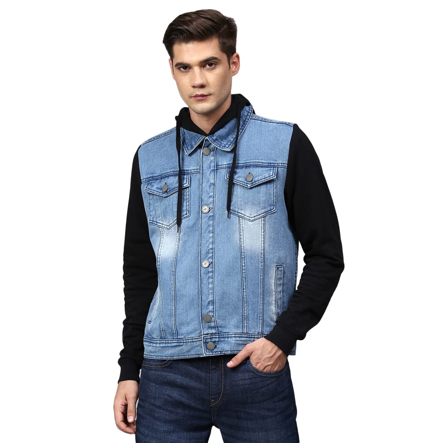 Campus Sutra Men Colorblock Full Sleeve Blue Denim Jacket