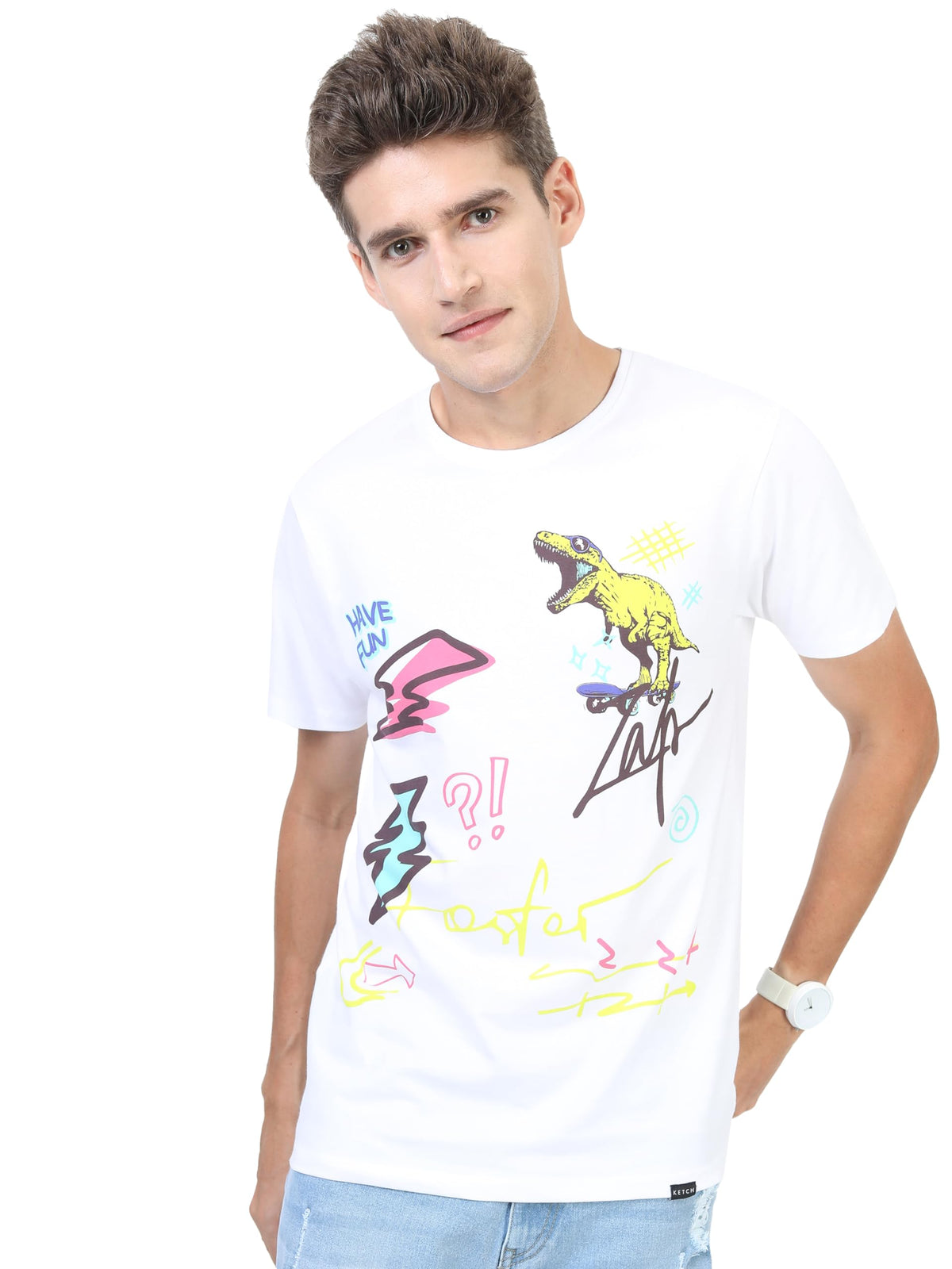Ketch MenS Animal Print Slim Fit T-Shirt (Khts000153_White L)