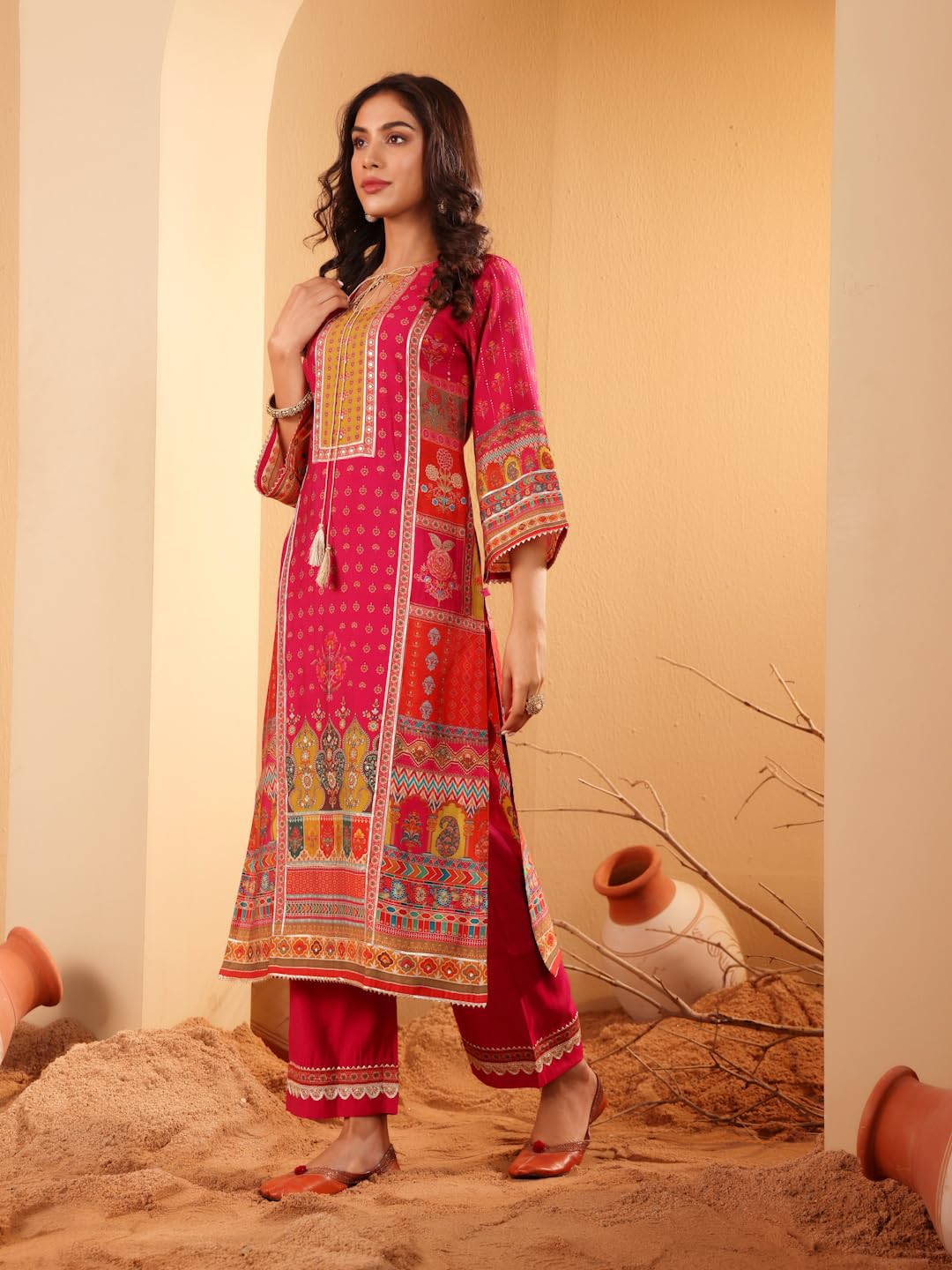Varanga Women Fuchsia Pink Ethnic Printed Straight Kurta With Embroidered Trouser Stylish Ethnic Set