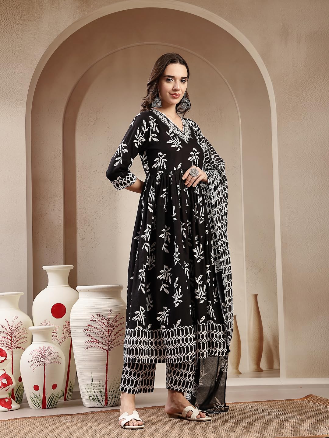 Stylum Womens Black Floral Printed Cotton Anarkali Kurta Pant Dupatta Set