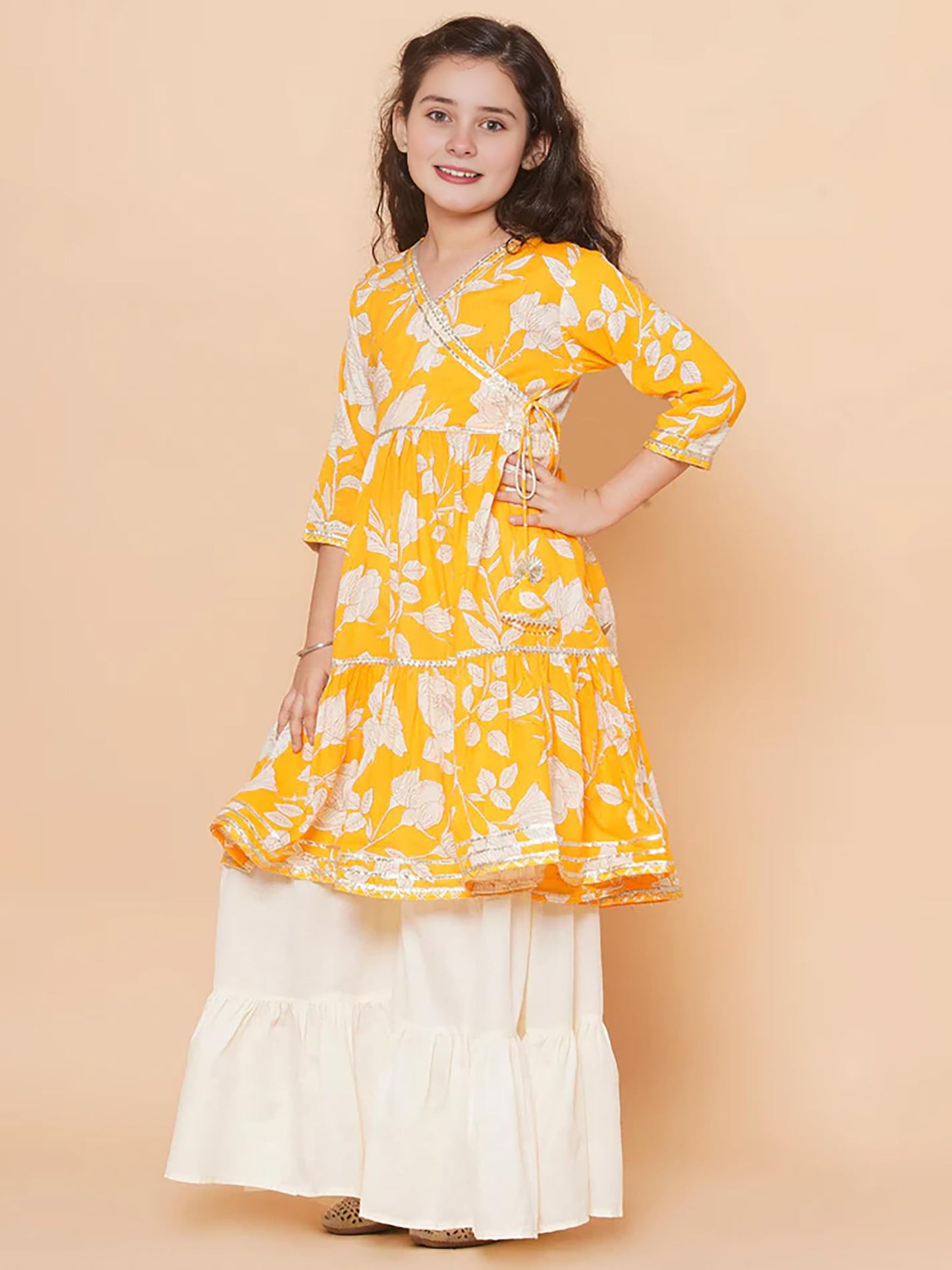 Naixa Girls Yellow Rayon V Neck 3/4 Sleeve Floral Printed Kurta And Sharara With Dupatta Set | Latest Floral Designer Printed Sa
